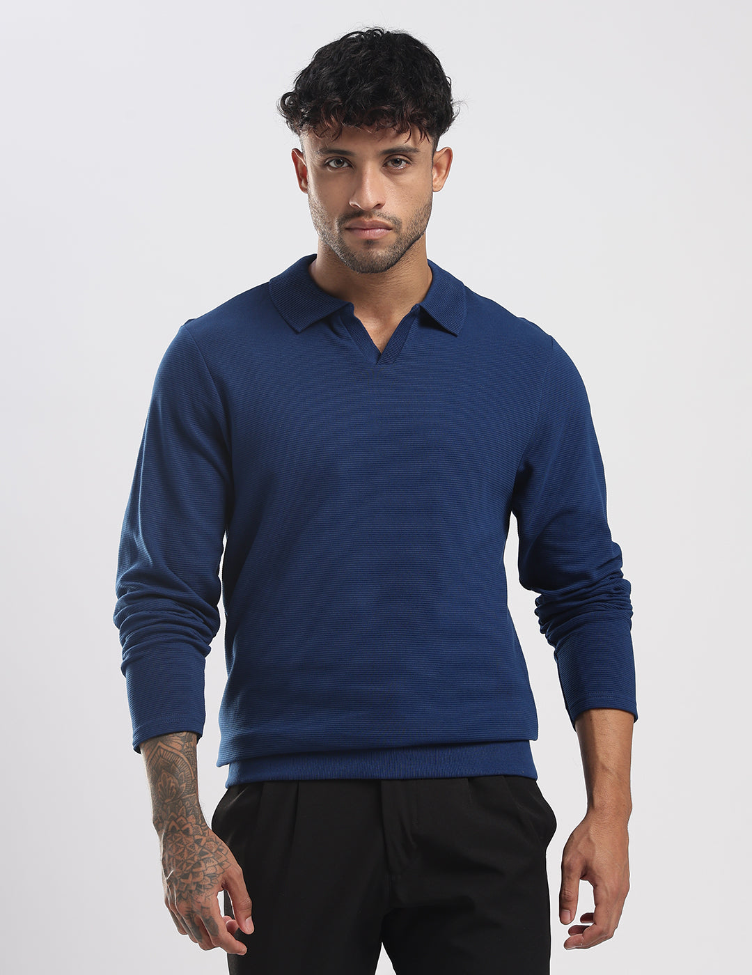 Ottoman Rib Knit Polo in Deep Blue