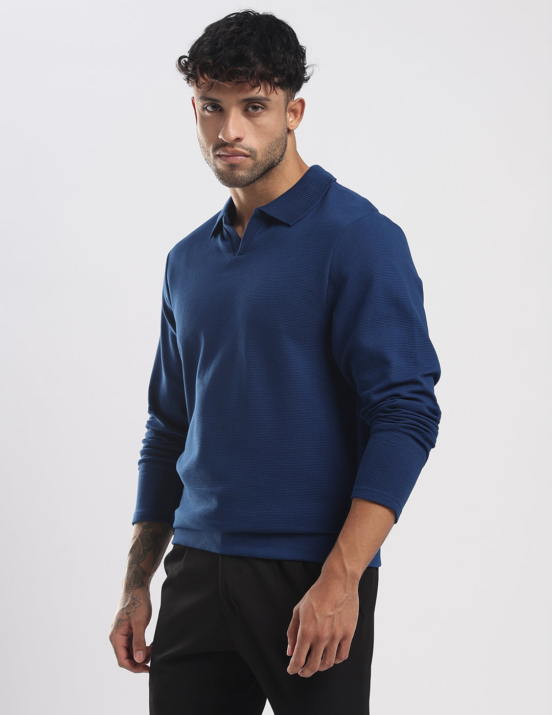Ottoman Rib Knit Polo in Deep Blue