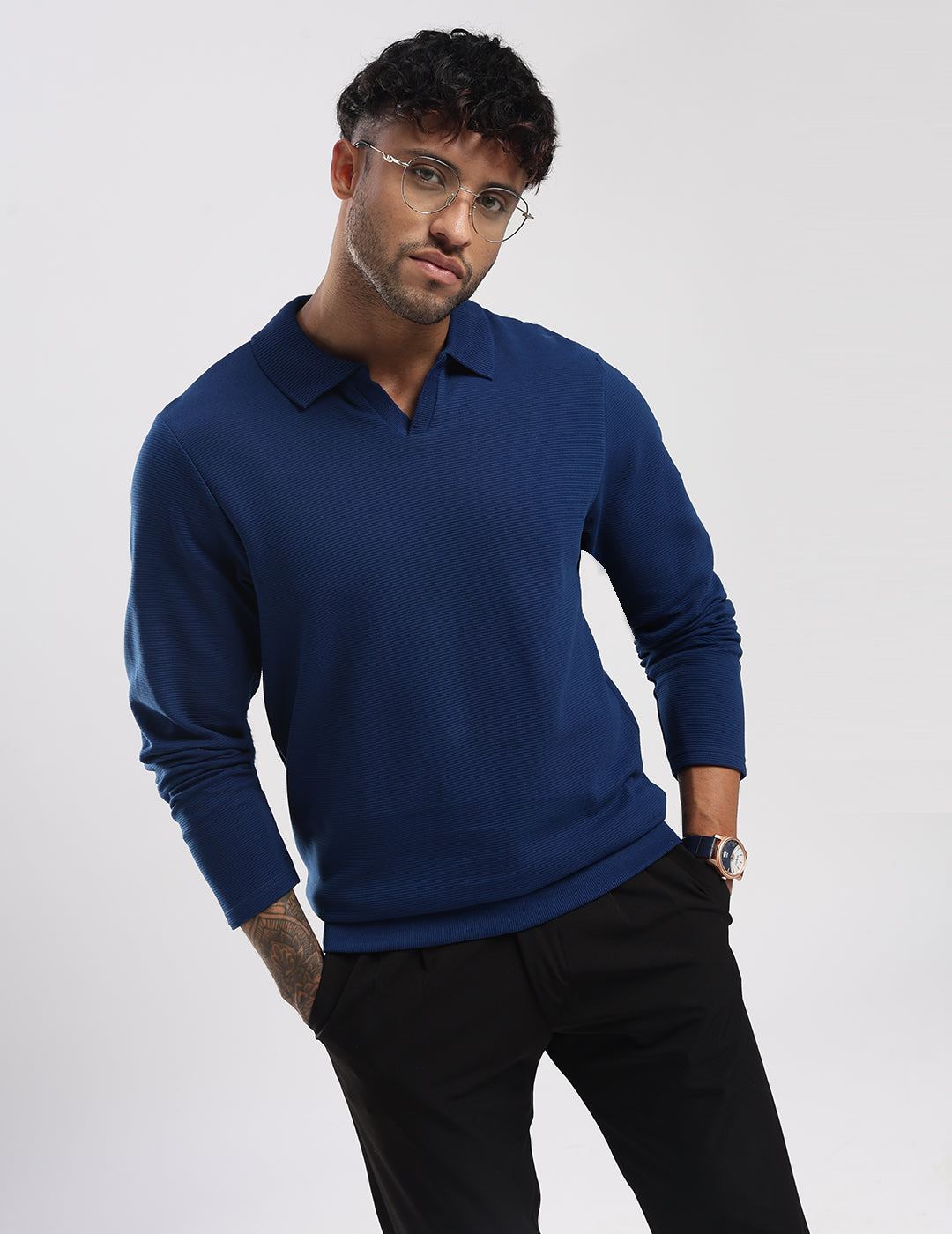 Ottoman Rib Knit Polo in Deep Blue