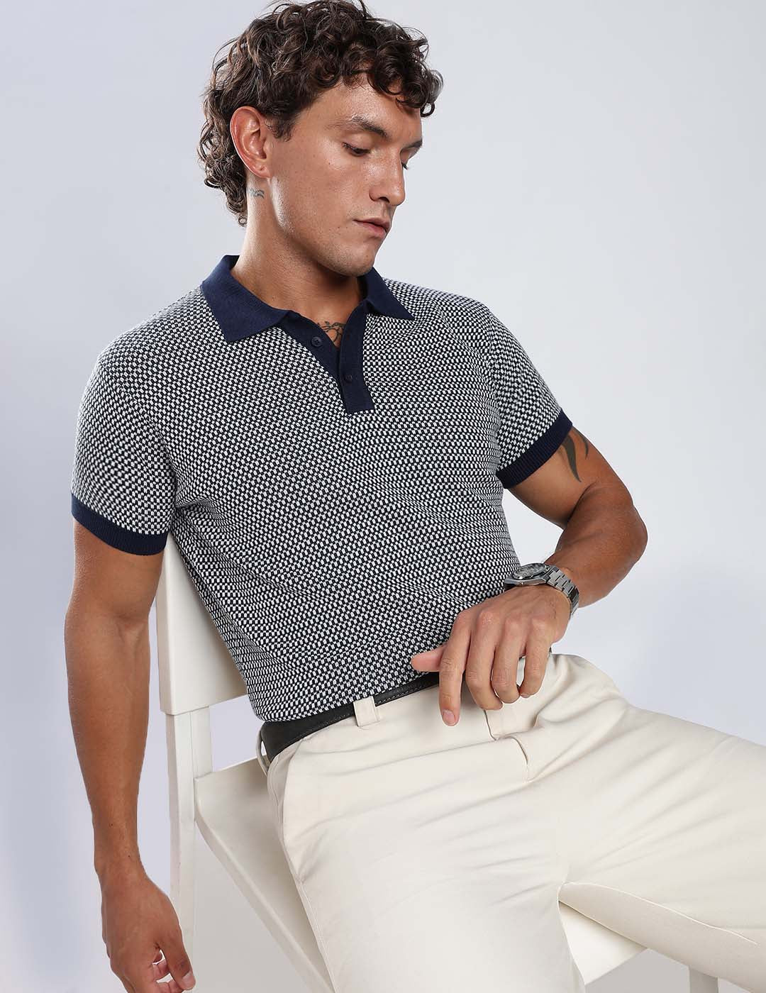 The Atelier Micro Knit Polo in Navy