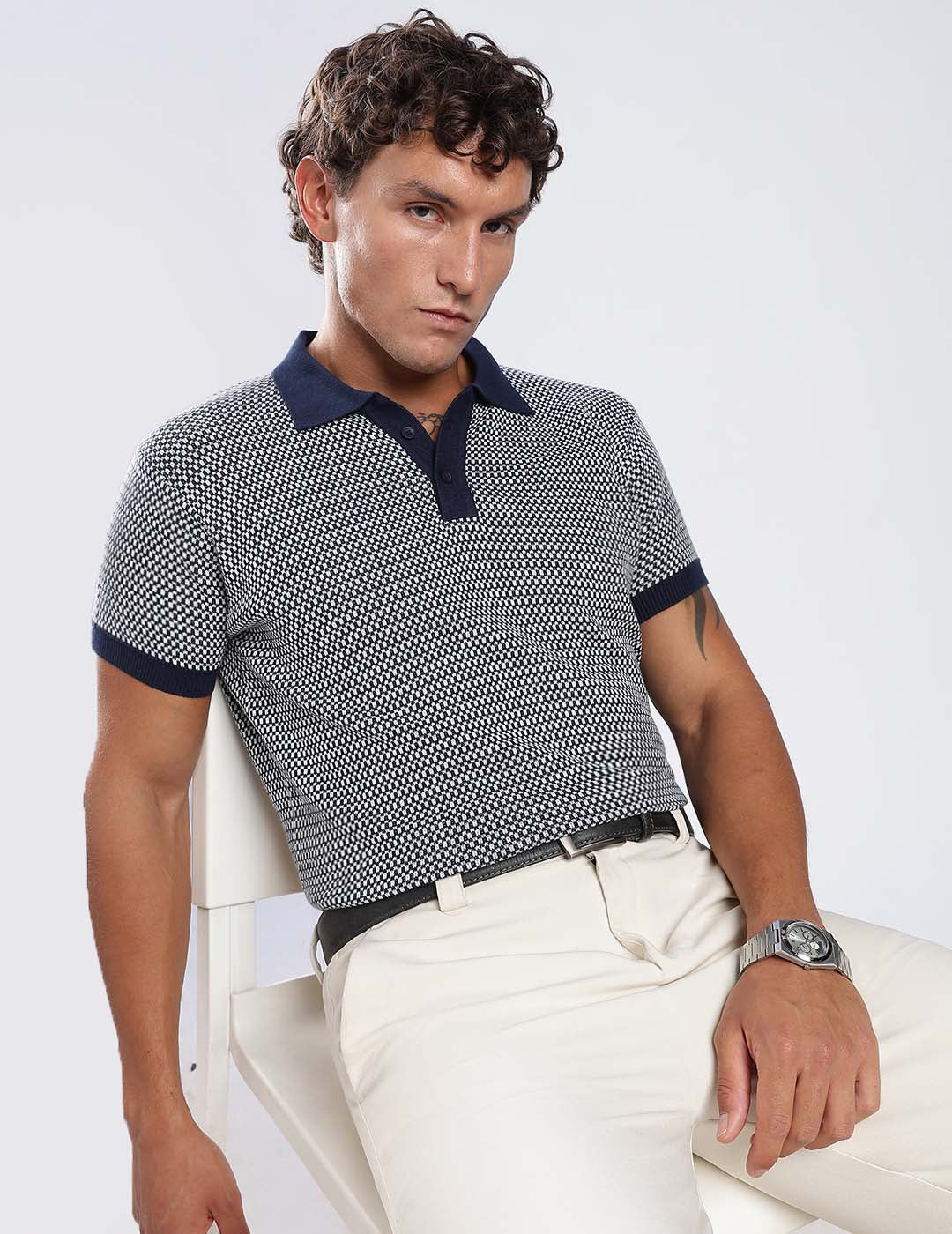 The Atelier Micro Knit Polo in Navy