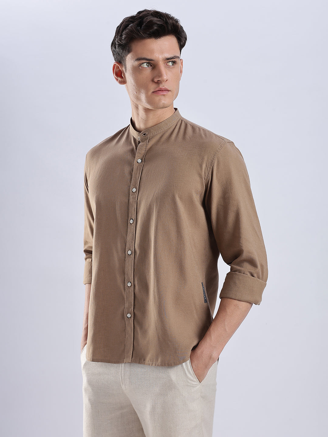 Kyoto Linen Mandarin Shirt in Mocha Dust
