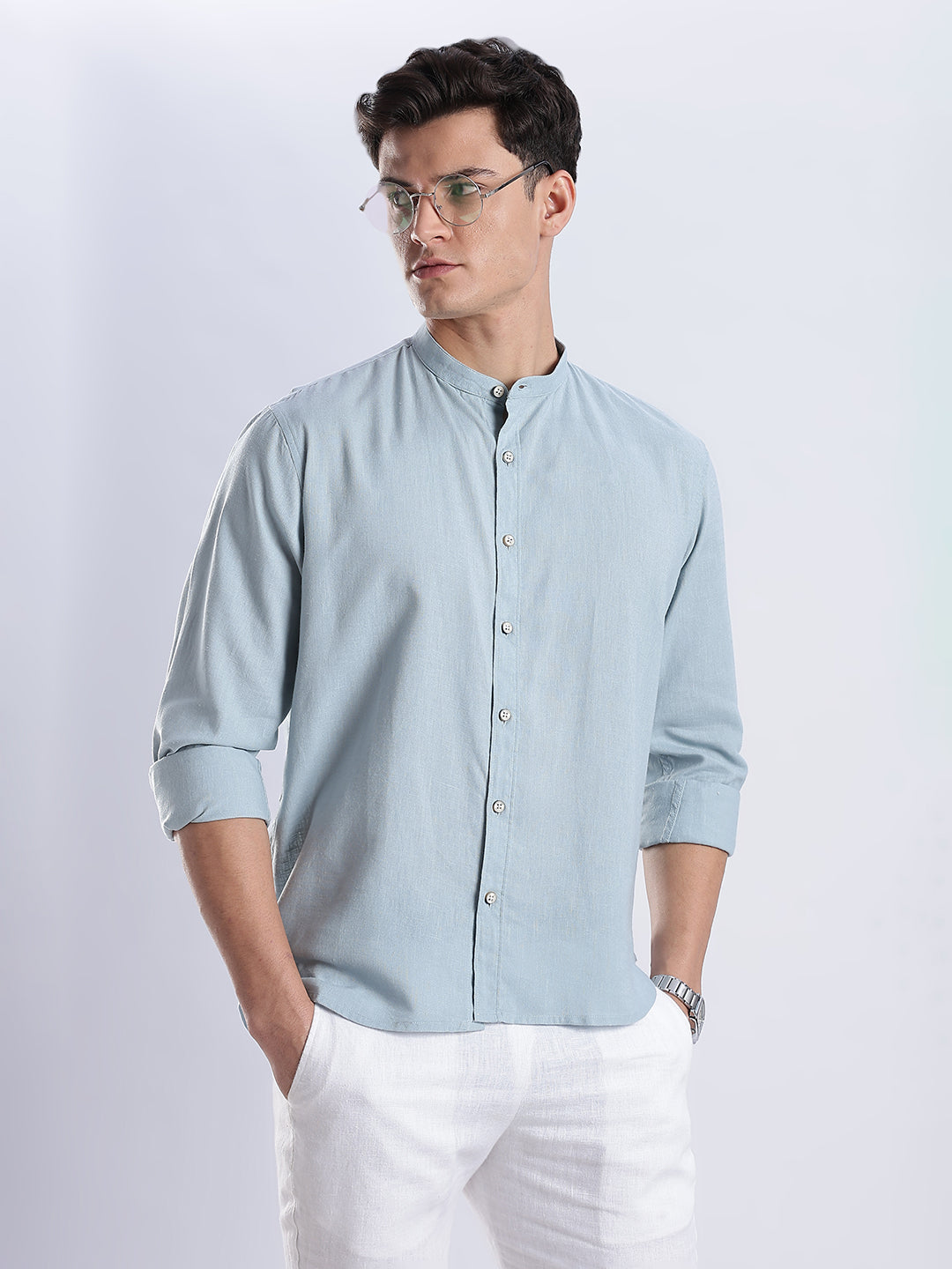 Kyoto Linen Mandarin Shirt in Shibuya Blue