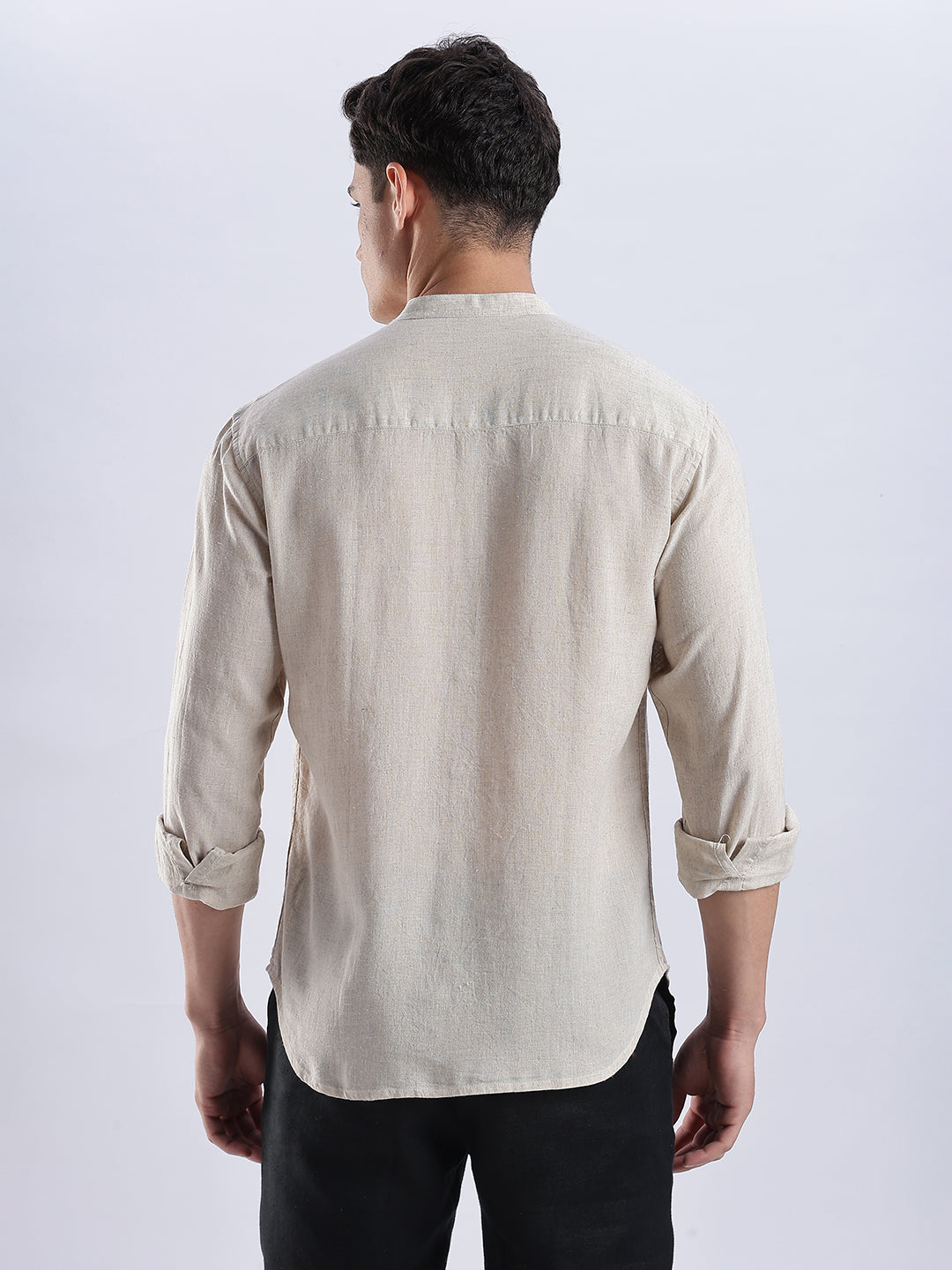 Kyoto Linen Mandarin Shirt in Barestone Beige