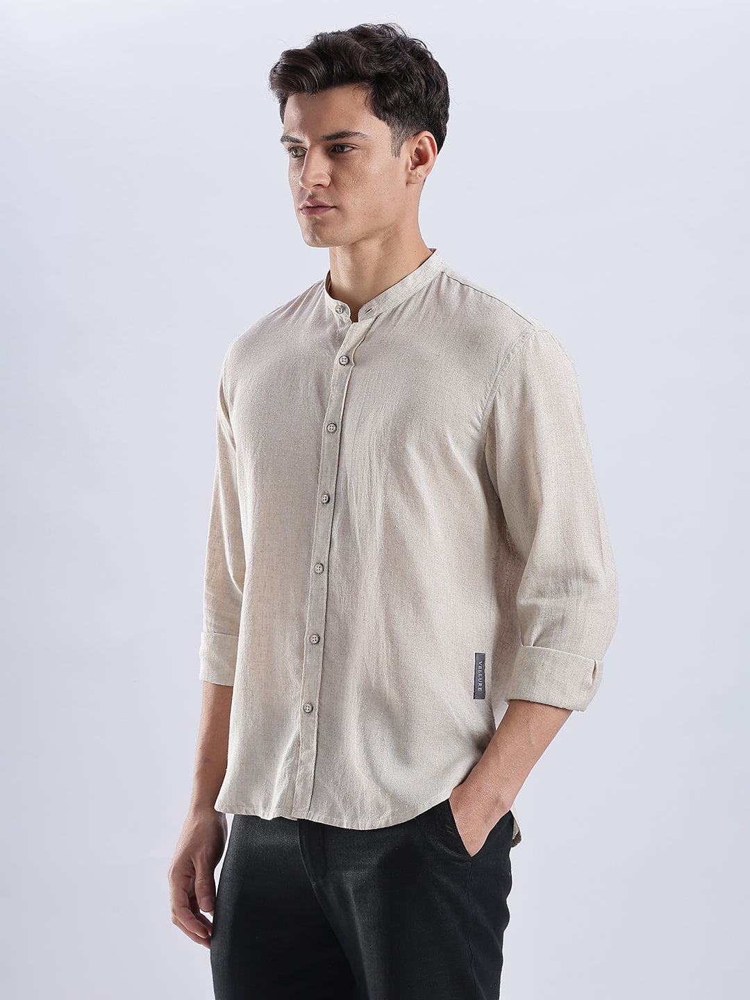Kyoto Linen Mandarin Shirt in Barestone Beige