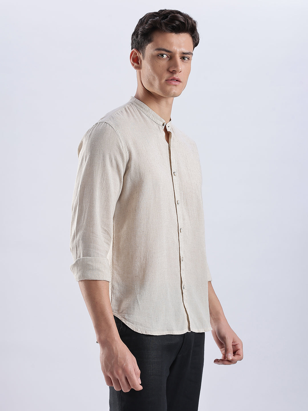 Kyoto Linen Mandarin Shirt in Barestone Beige