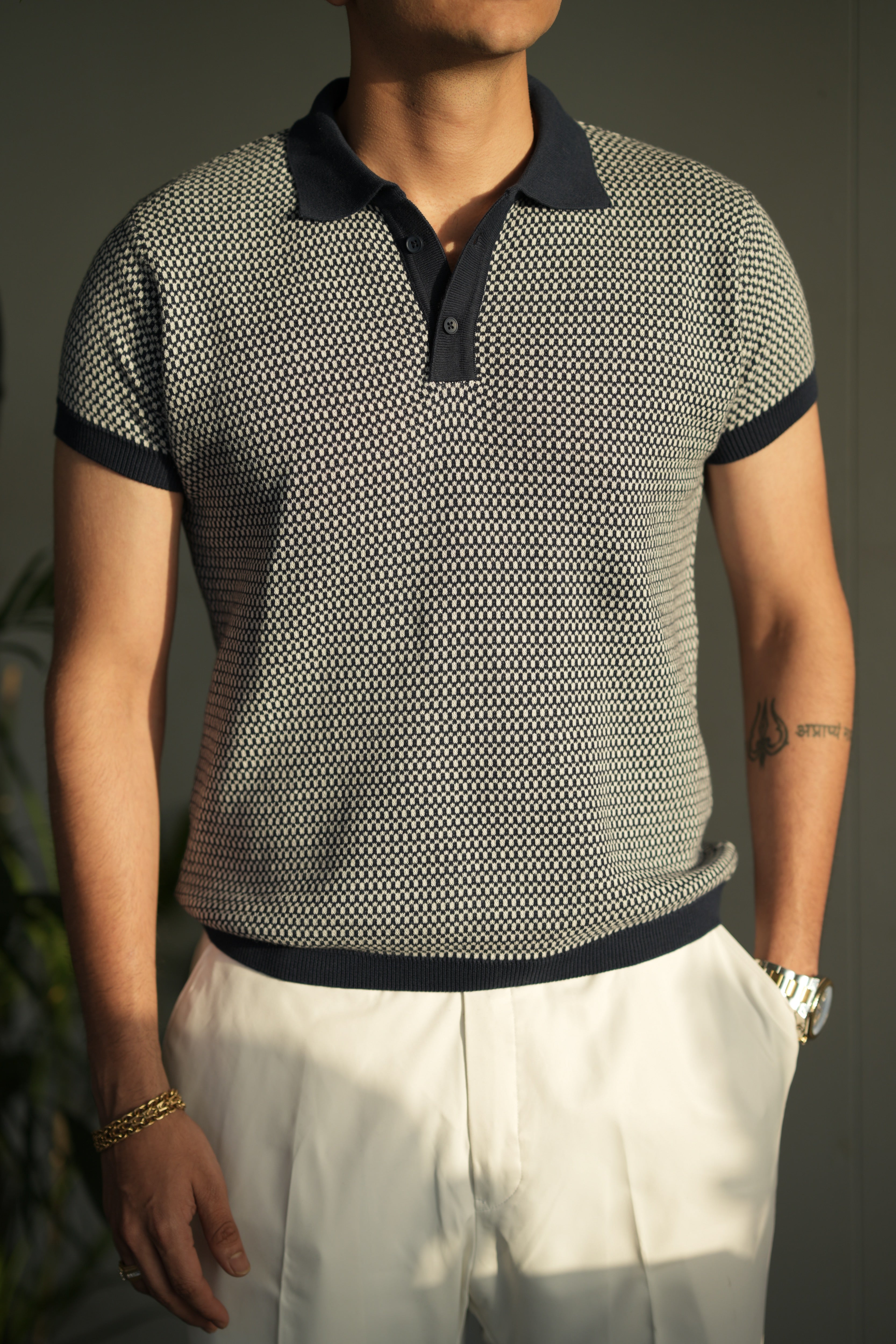 The Atelier Micro Knit Polo in Navy