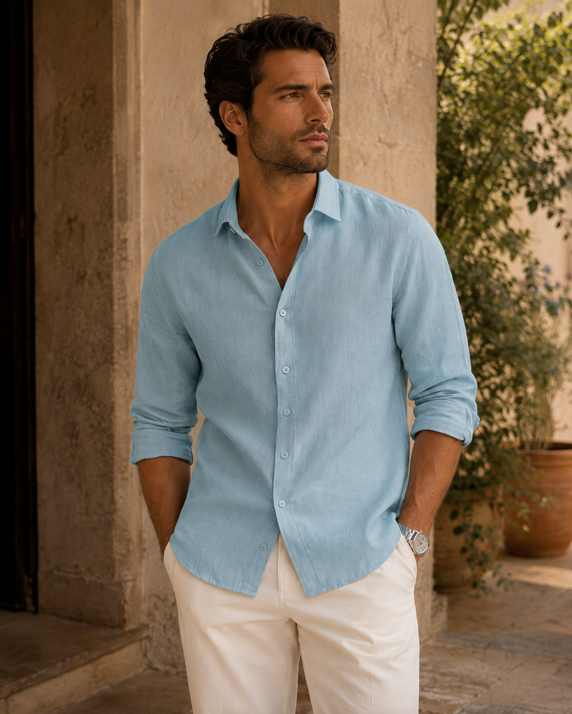 100% Dense-Weave Pure Linen Shirt in Nordic Blue