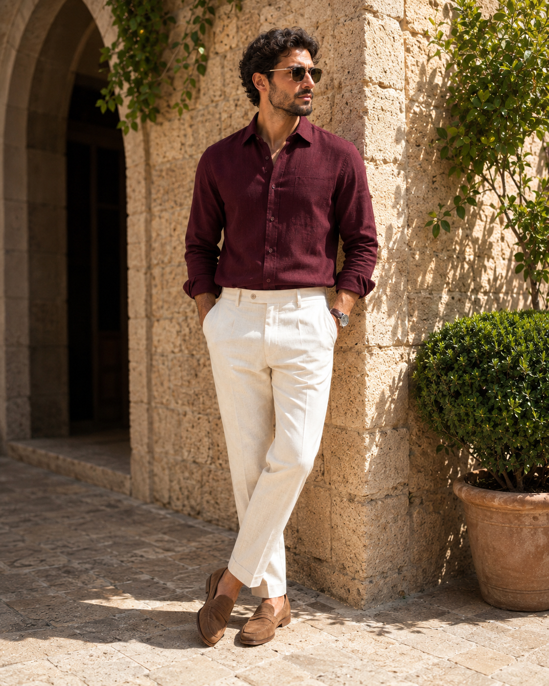 100% Dense-Weave Pure Linen Shirt in Burgundy Wine