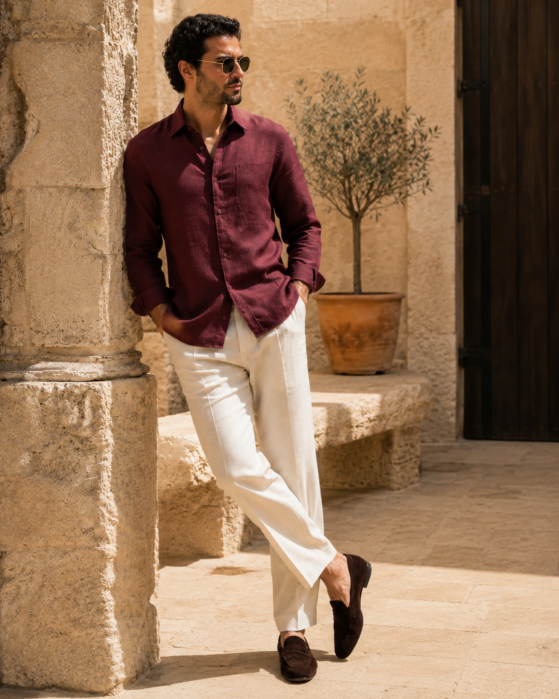 100% Dense-Weave Pure Linen Shirt in Burgundy Wine