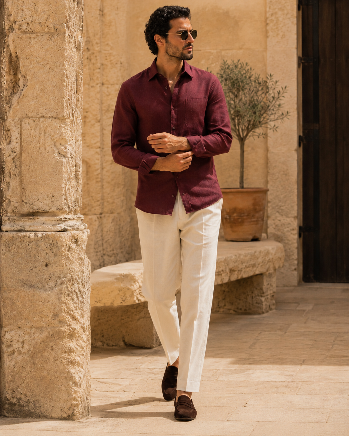 100% Dense-Weave Pure Linen Shirt in Burgundy Wine