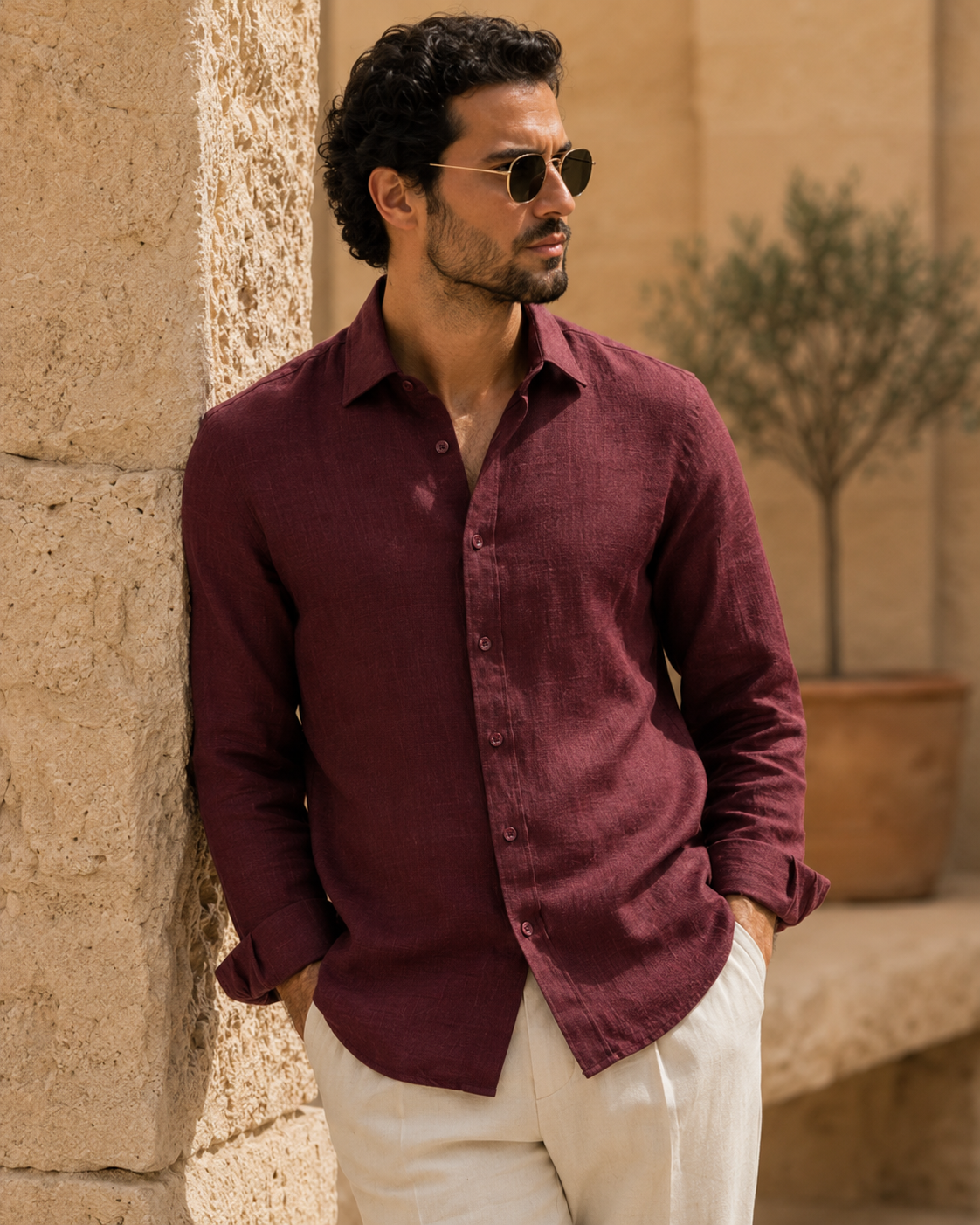100% Dense-Weave Pure Linen Shirt in Burgundy Wine