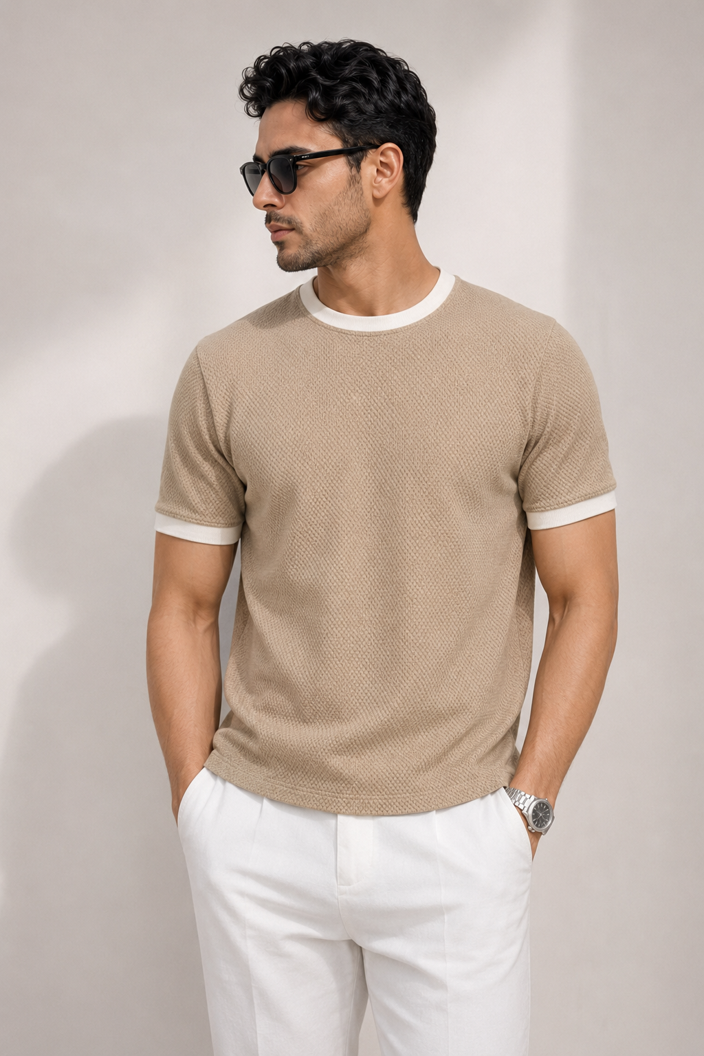 Textured Harmony Round Neck Tee In Mocha