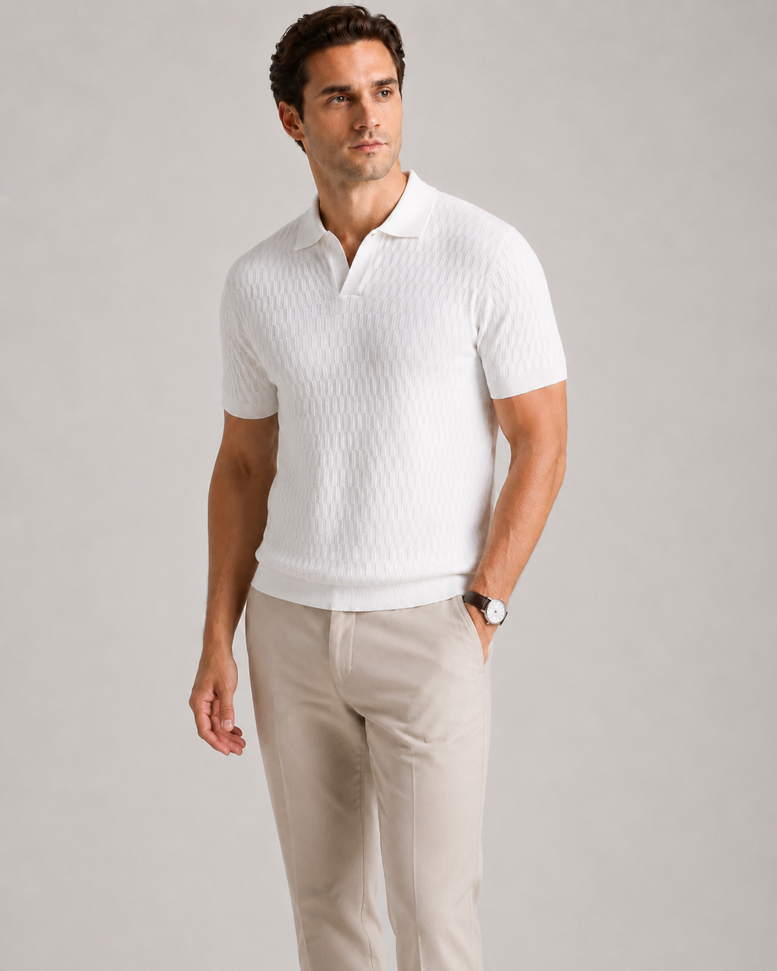 Heritage Grid Jacquard Polo in Roman White