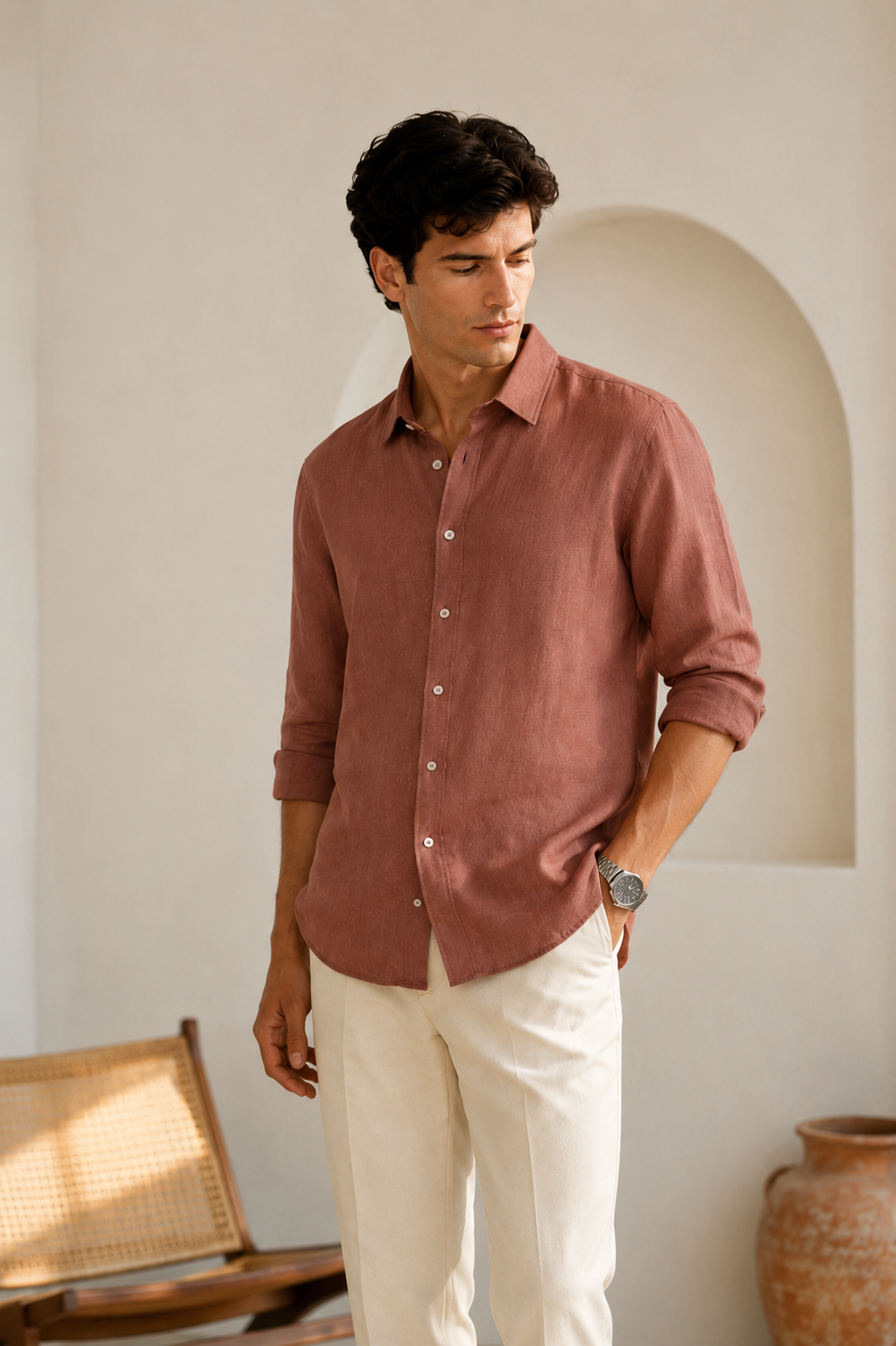 100% Linen Soft Touch Tuscan Rosewood Linen Shirt