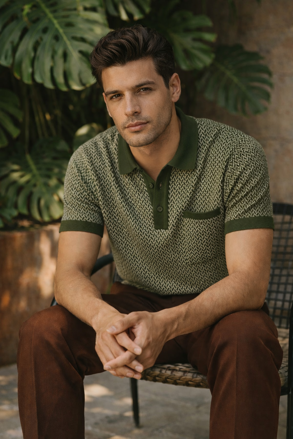 Jacquard Knit Polo in Moss Matrix