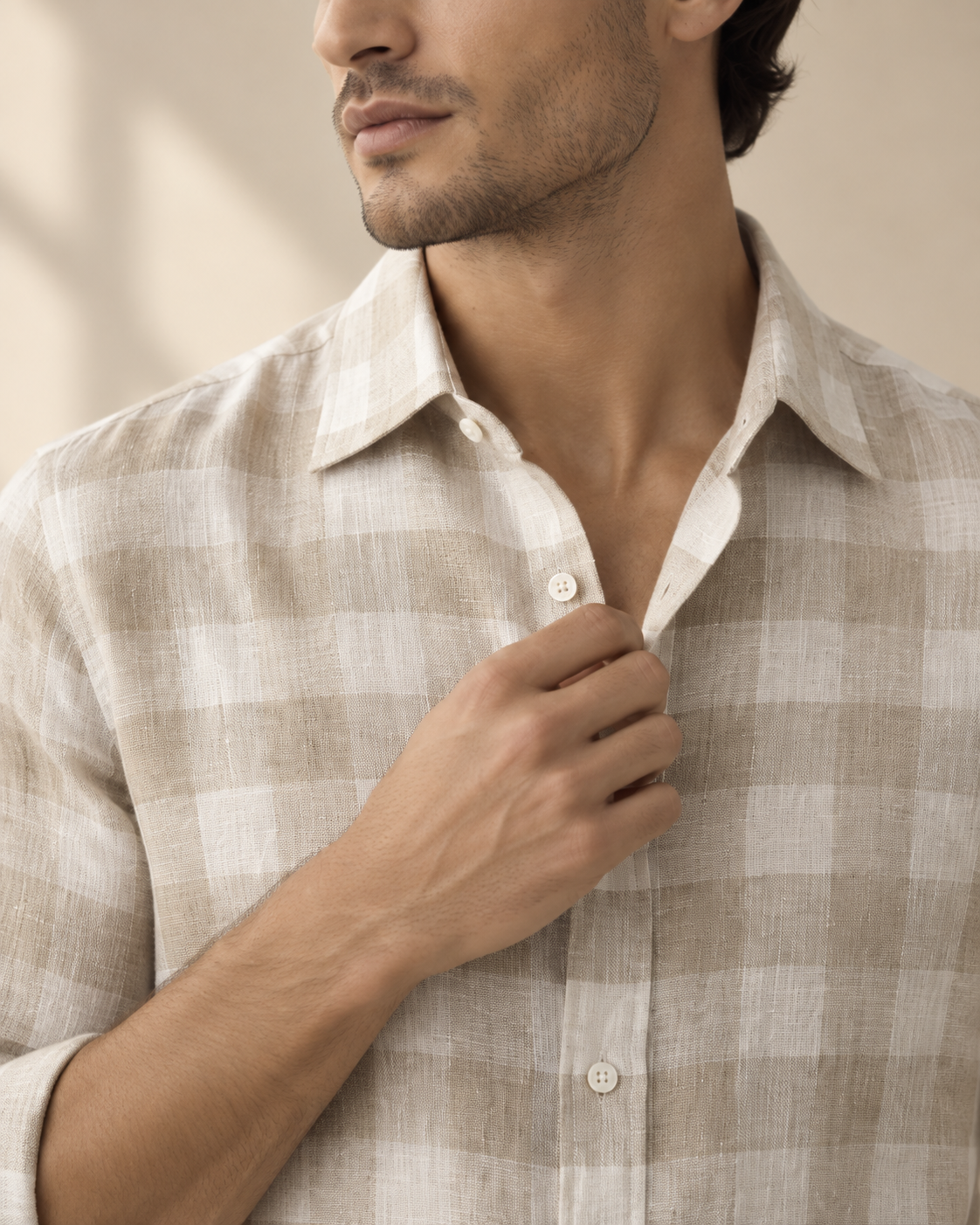 100% Linen Soft Touch Ivory Flax Checks Shirt