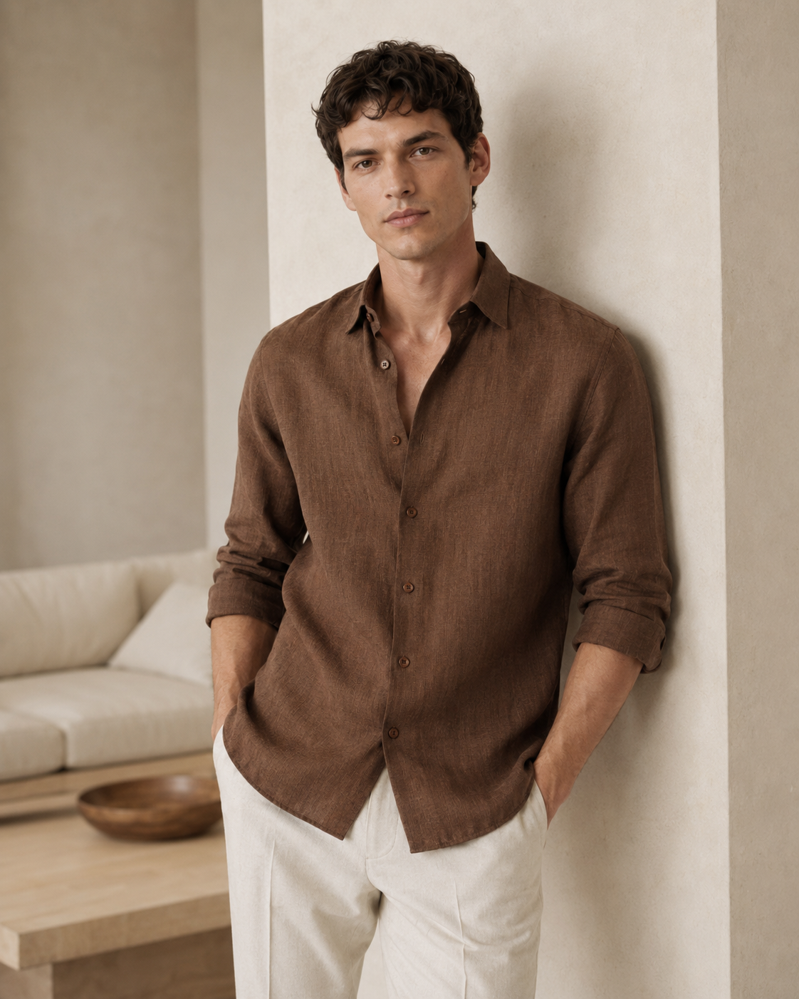100% Dense-Weave Pure Linen Shirt in Cocoa Brown