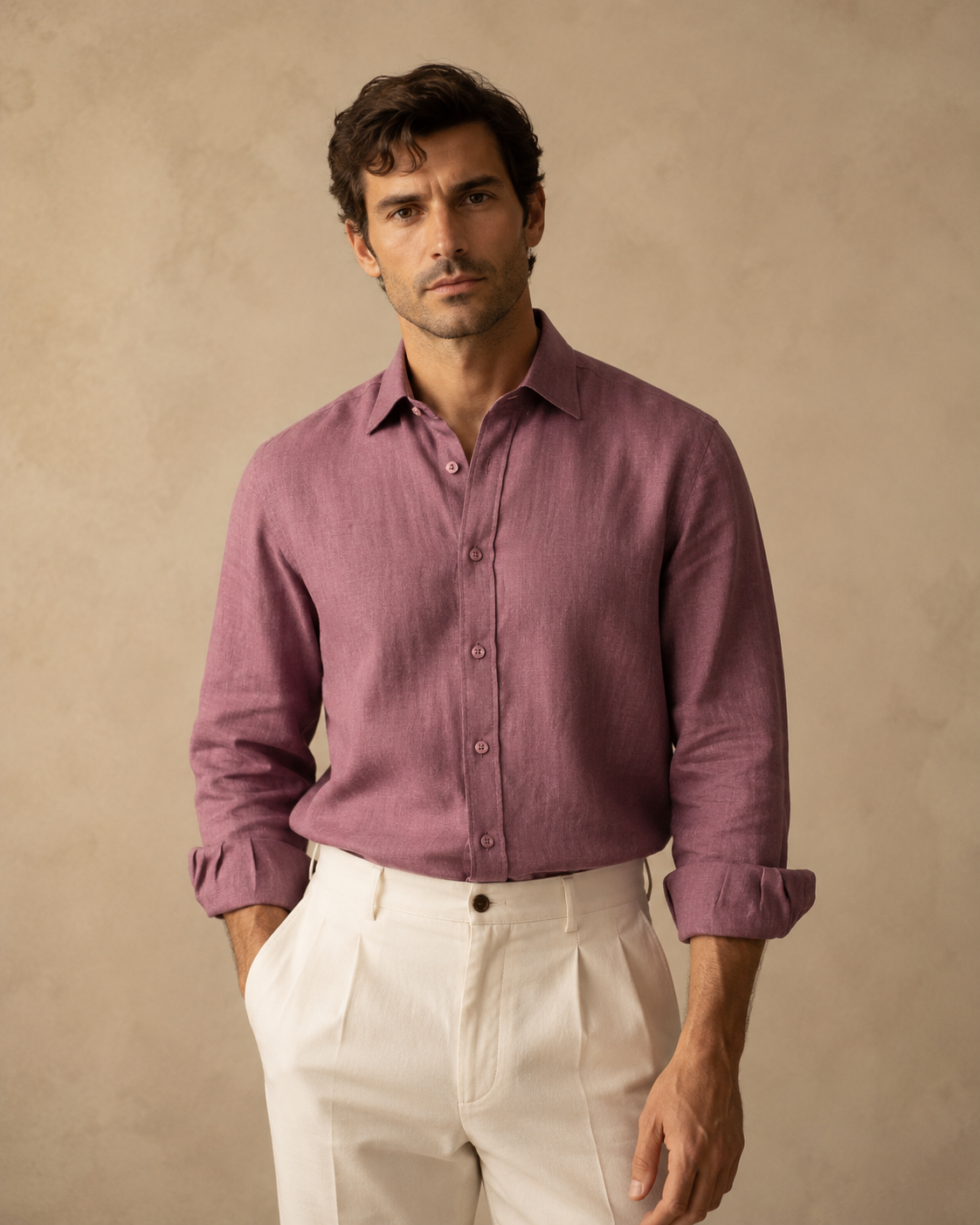 100% Dense-Weave Pure Linen Shirt in Kyoto Berry