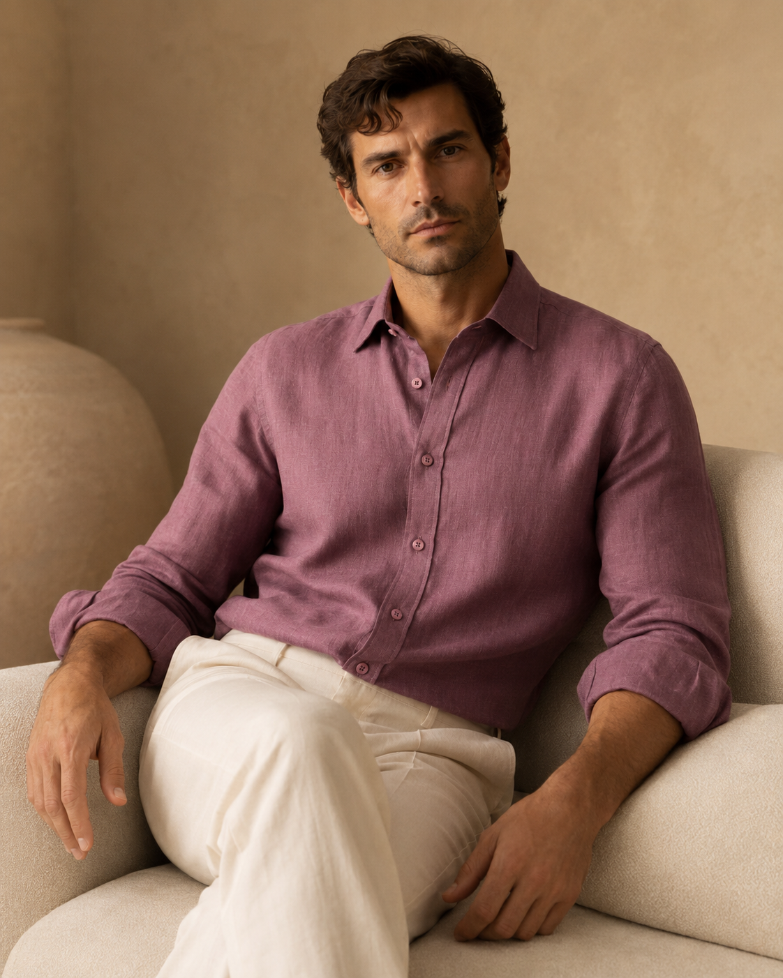 100% Dense-Weave Pure Linen Shirt in Kyoto Berry