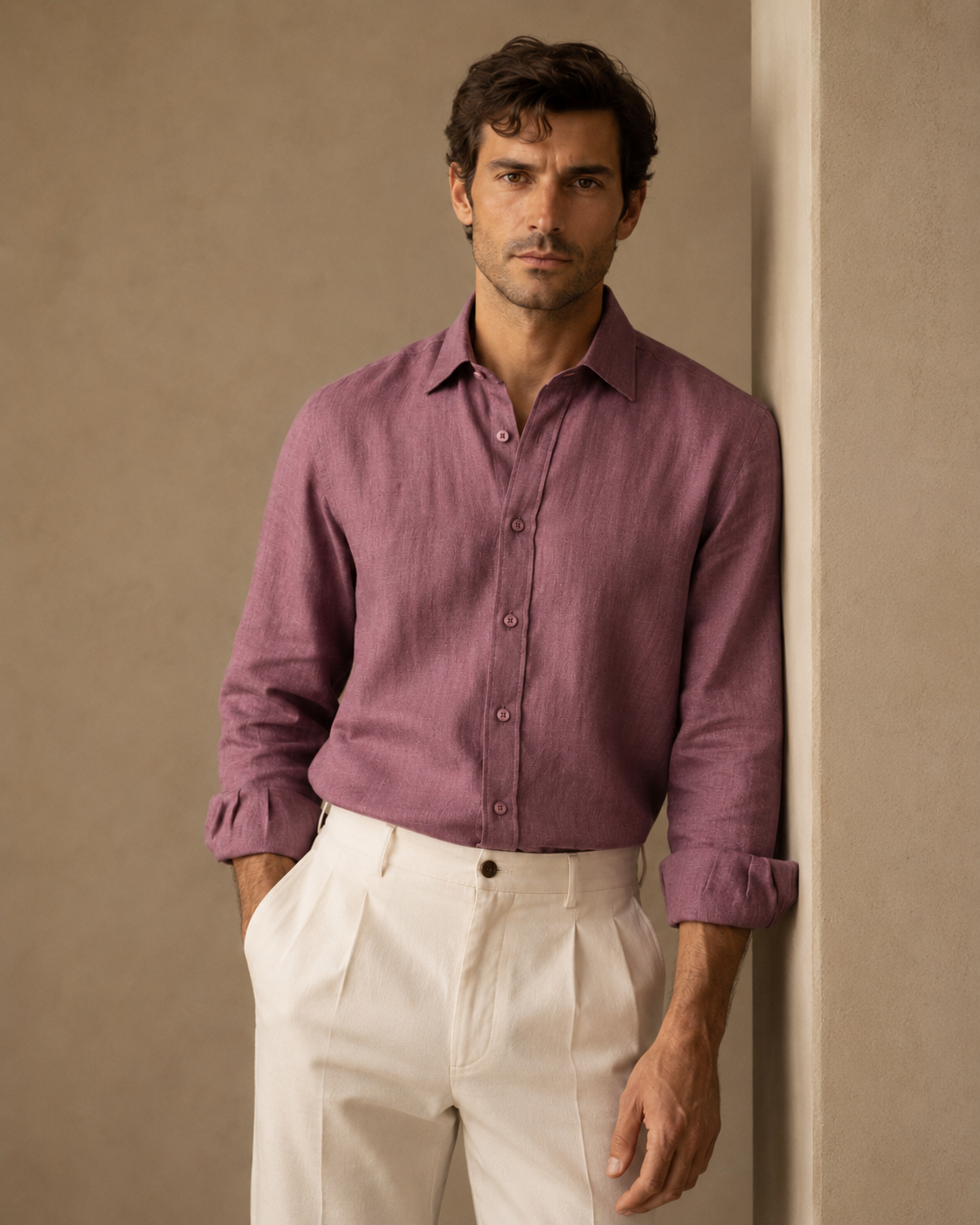 100% Dense-Weave Pure Linen Shirt in Kyoto Berry