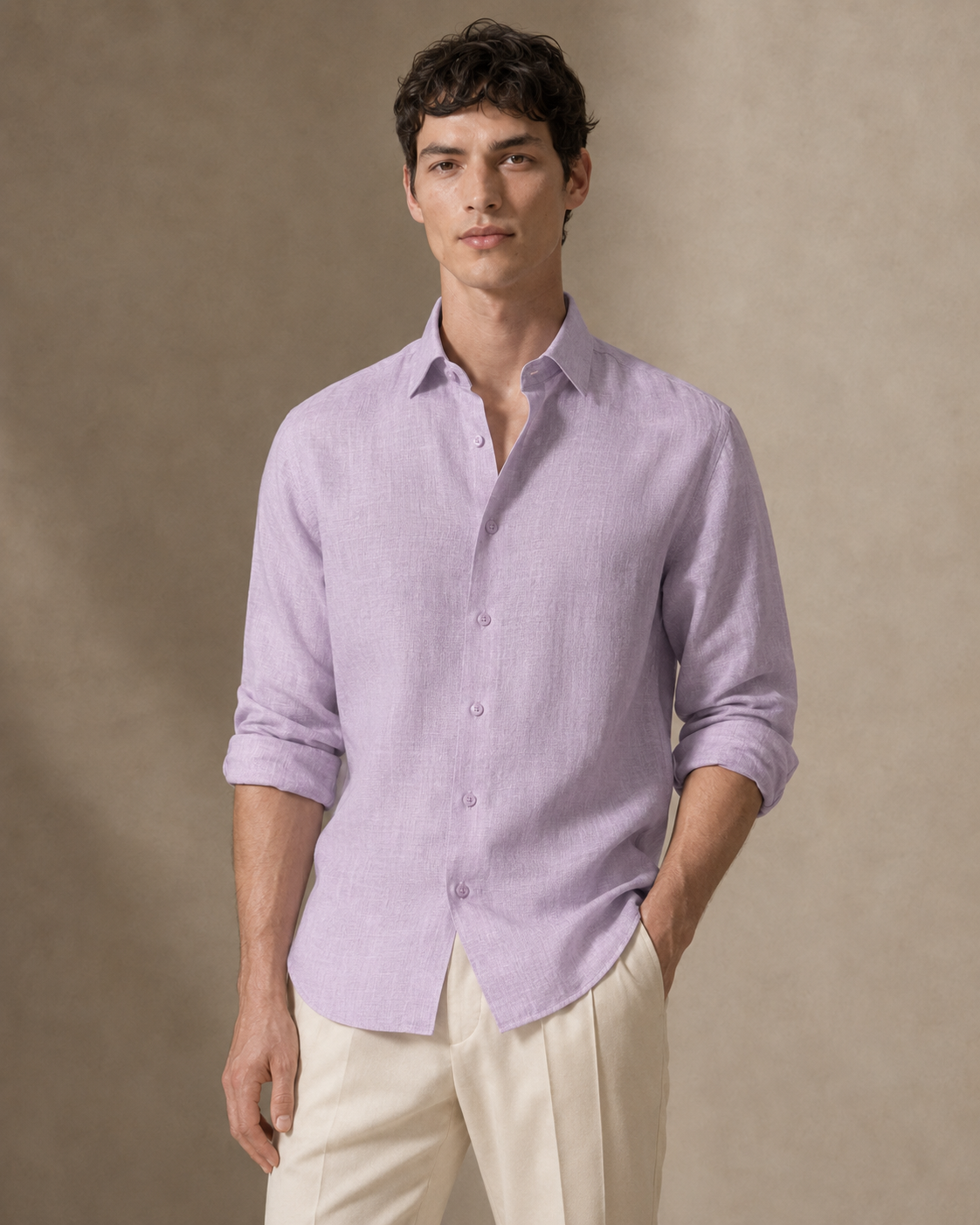 100% Dense-Weave Pure Linen Shirt in Dusty Lavender