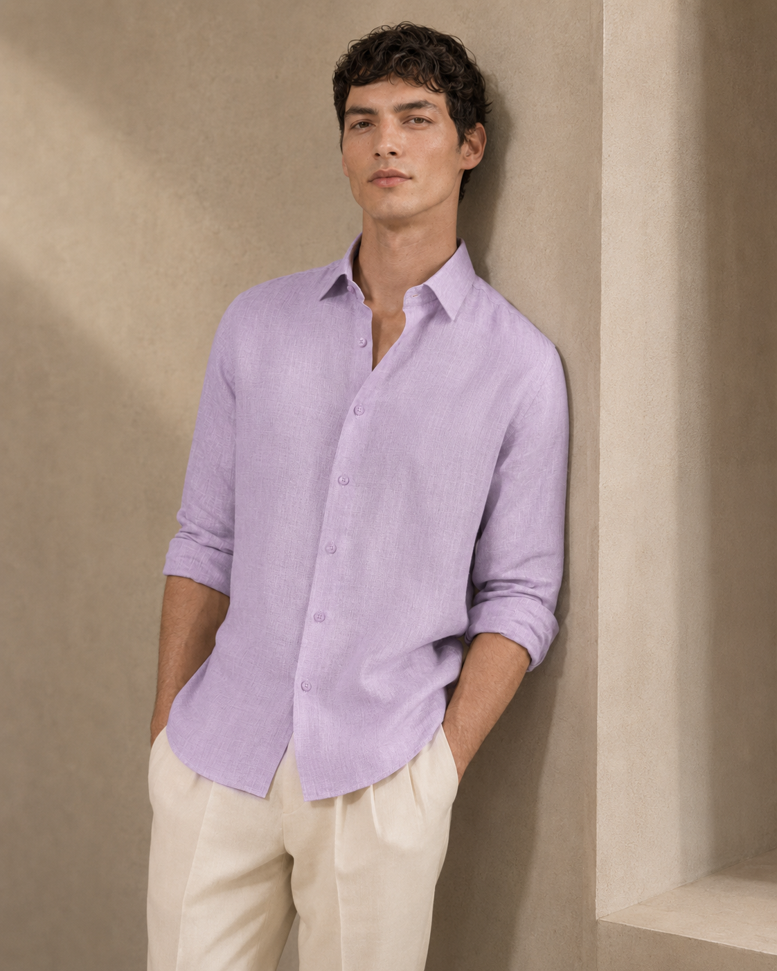 100% Dense-Weave Pure Linen Shirt in Dusty Lavender