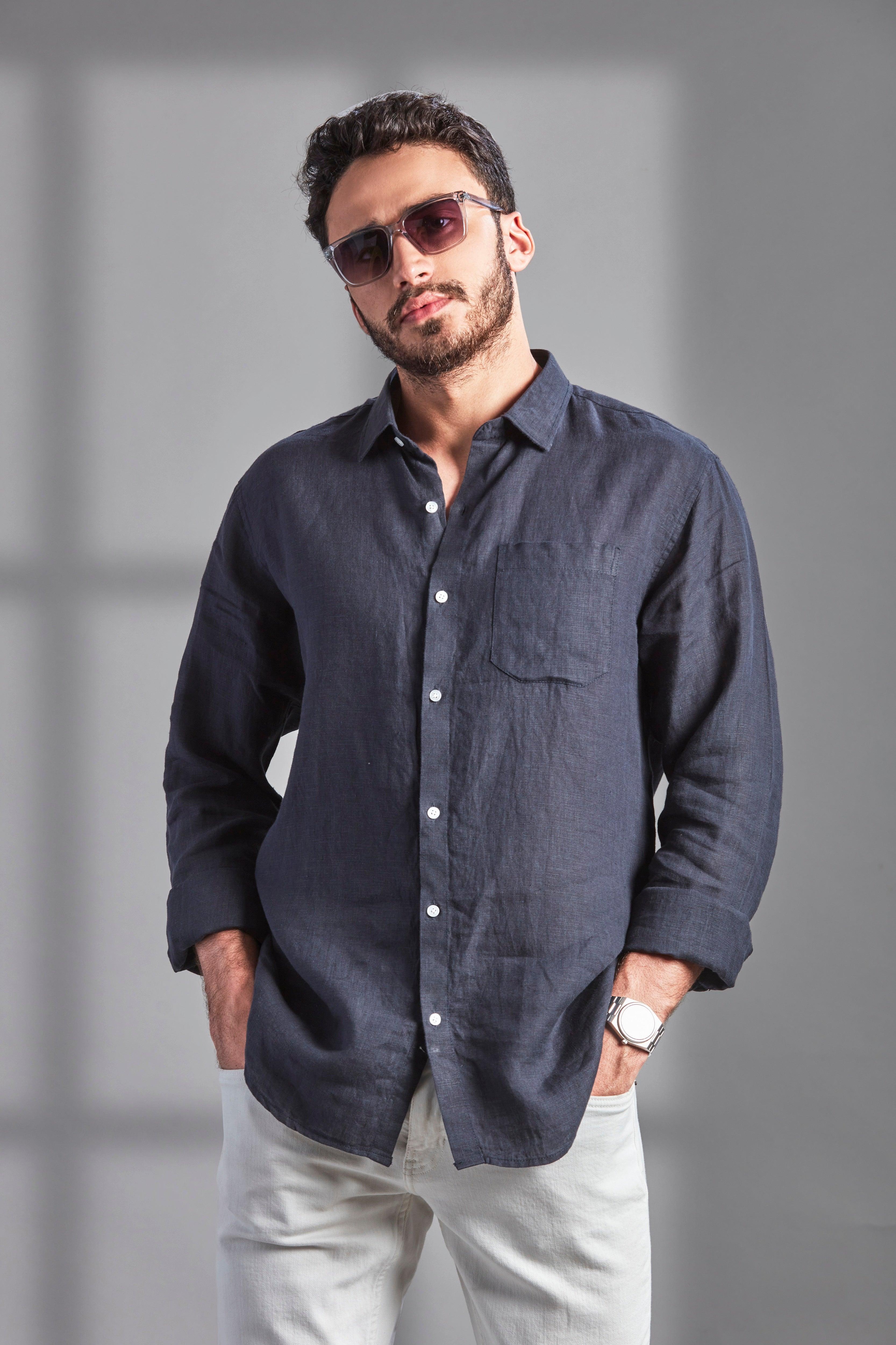 100% Linen Soft Touch Navy Blue Shirt