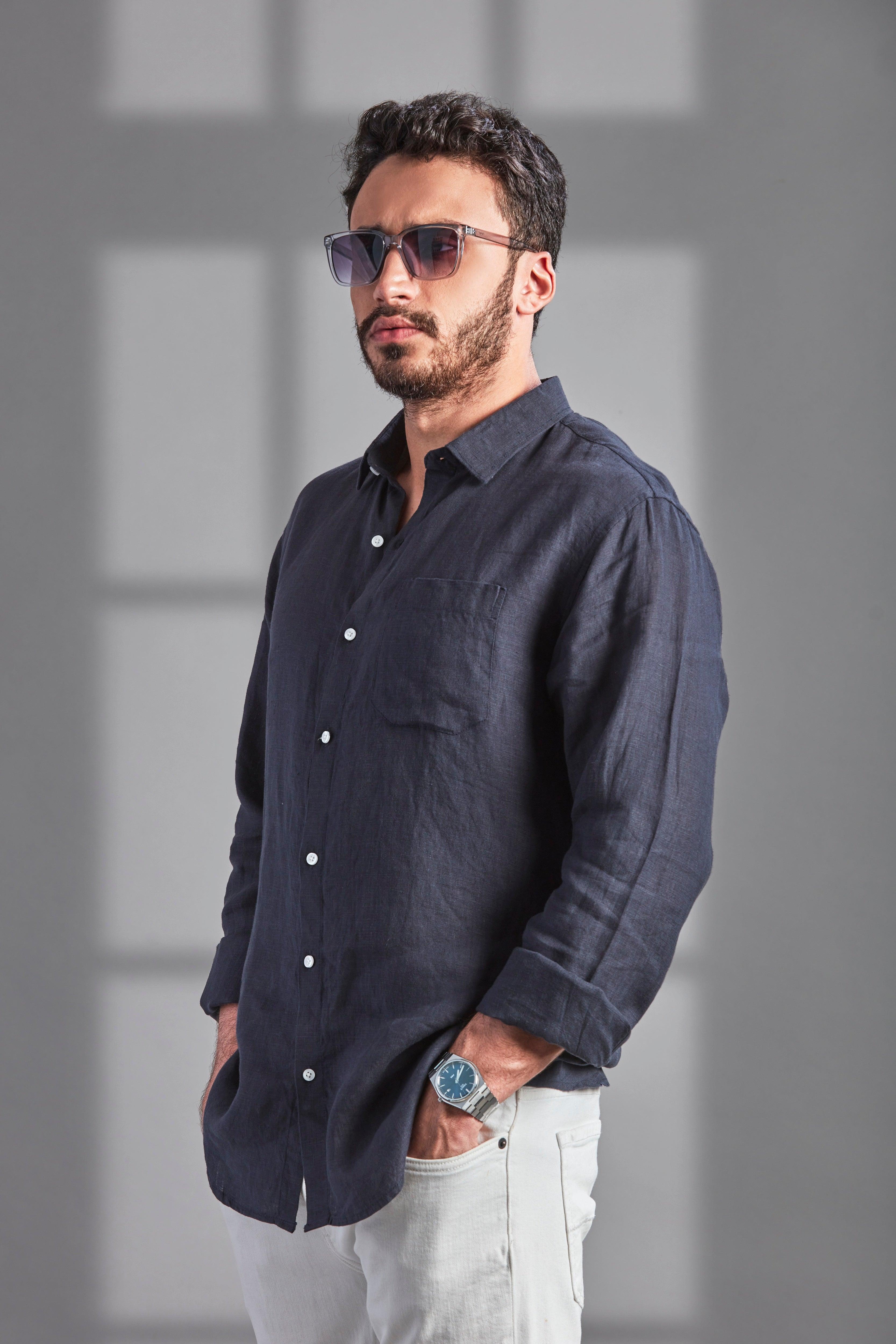 100% Linen Soft Touch Navy Blue Shirt