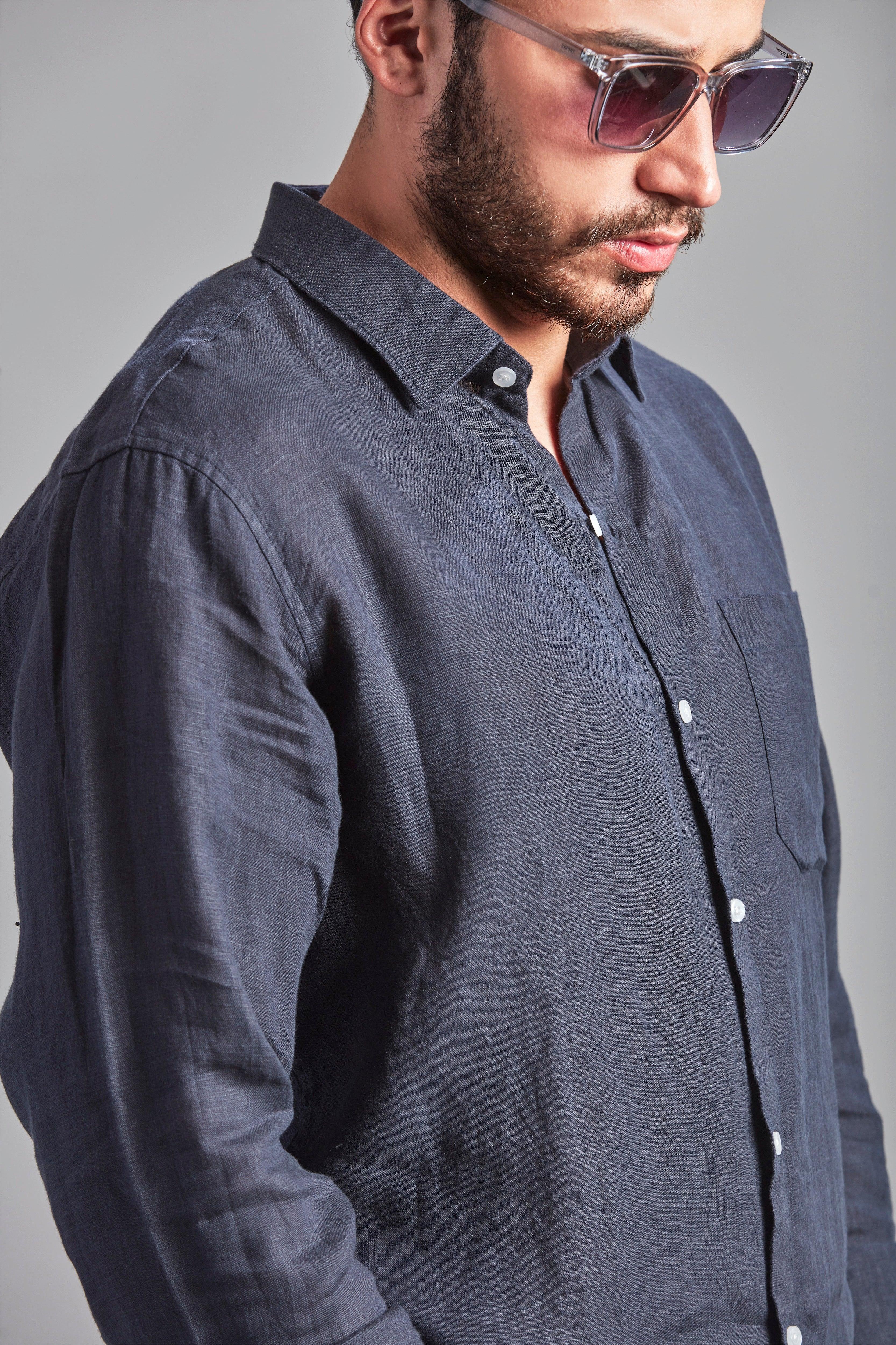 100% Linen Soft Touch Navy Blue Shirt