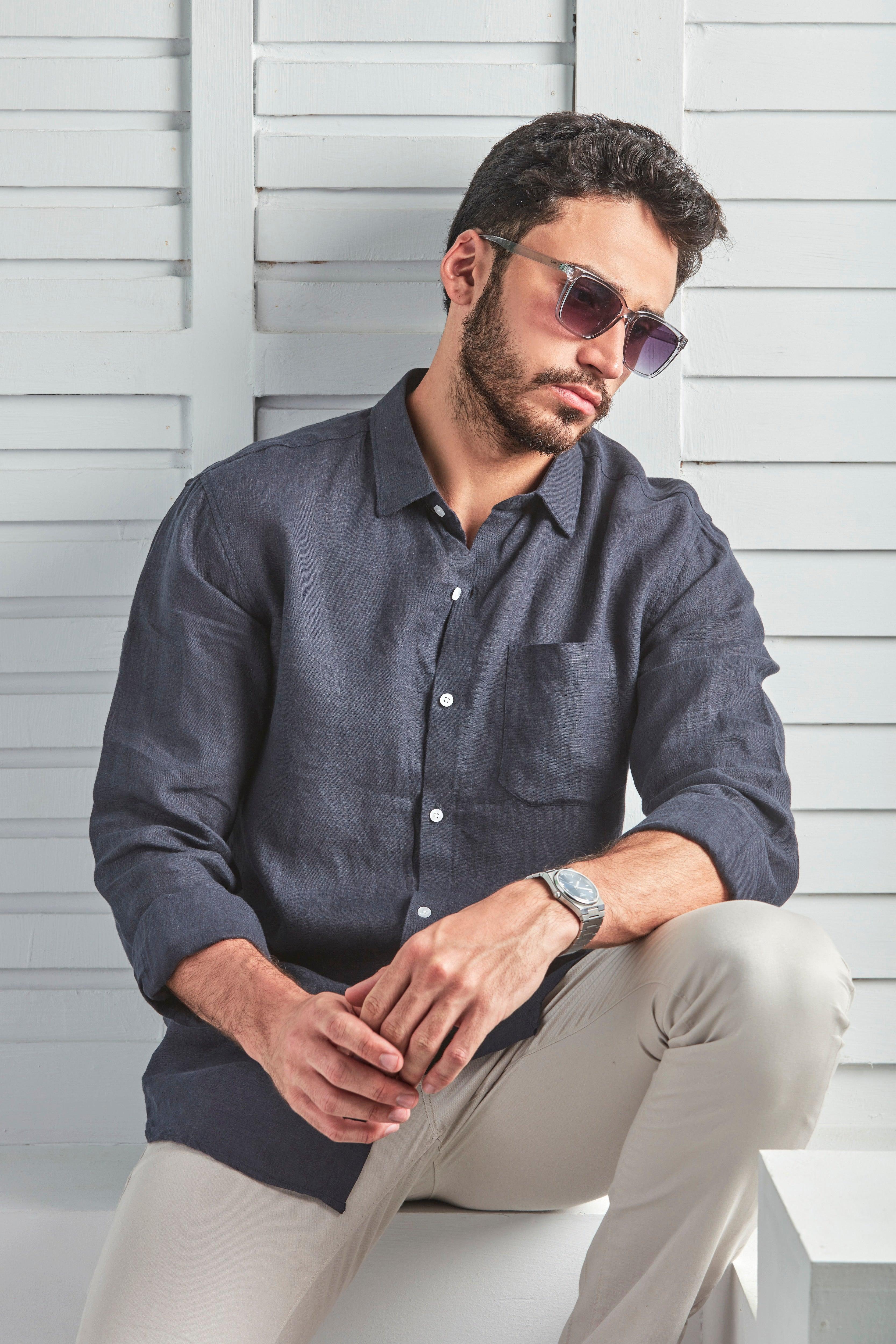 100% Linen Soft Touch Navy Blue Shirt