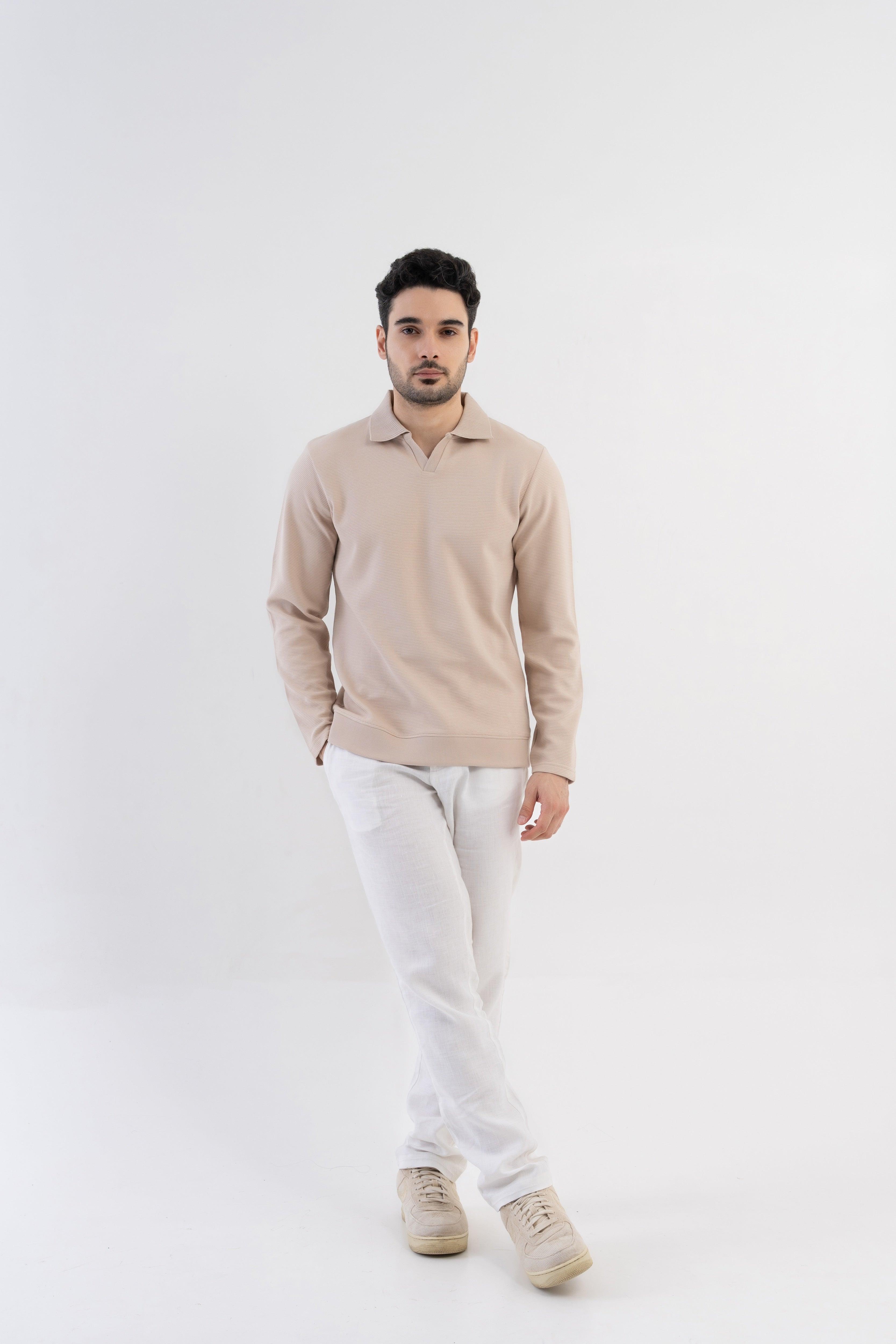 Ottoman Rib Knit Polo in Oatmeal Color