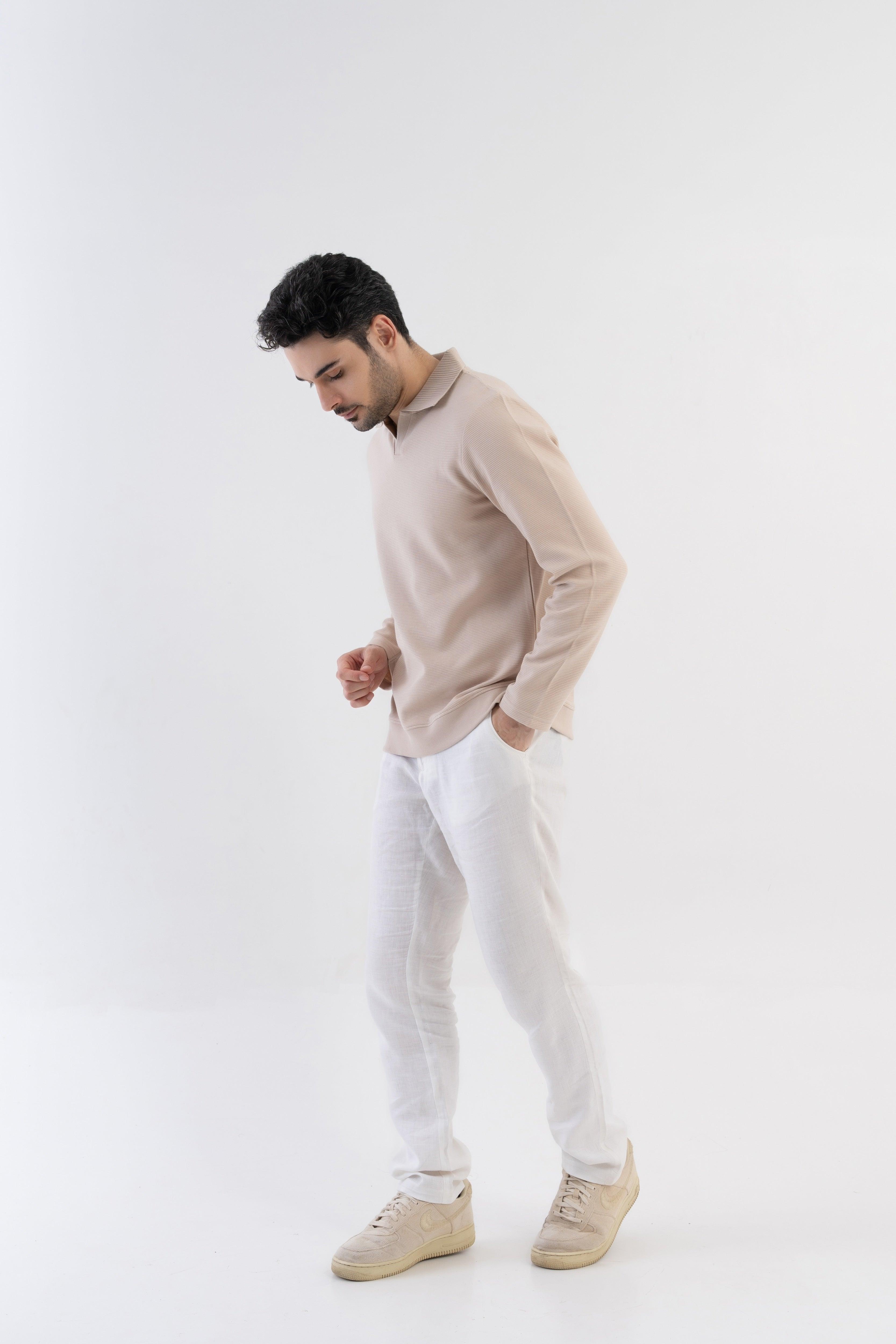 Ottoman Rib Knit Polo in Oatmeal Color