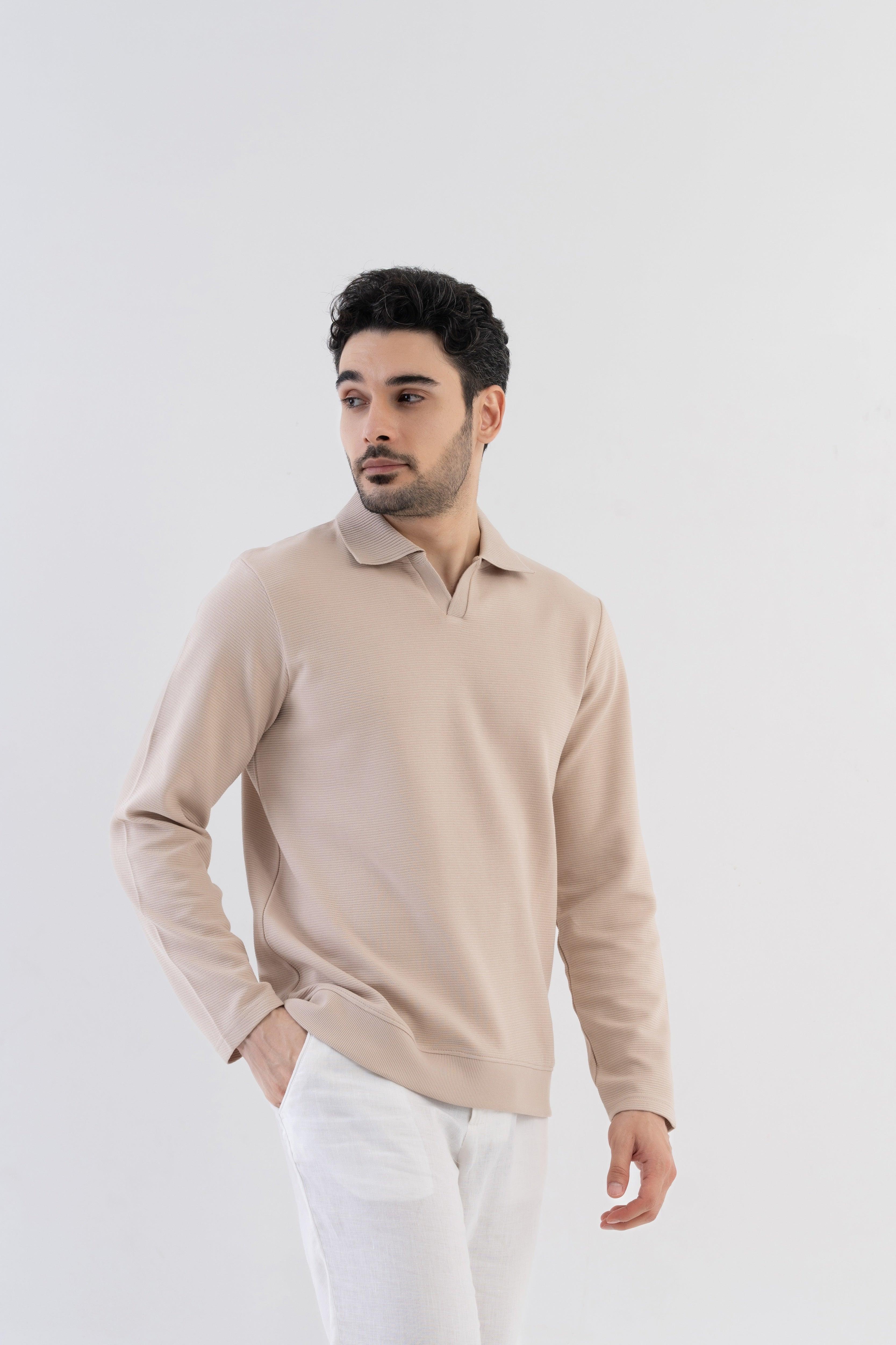 Ottoman Rib Knit Polo in Oatmeal Color