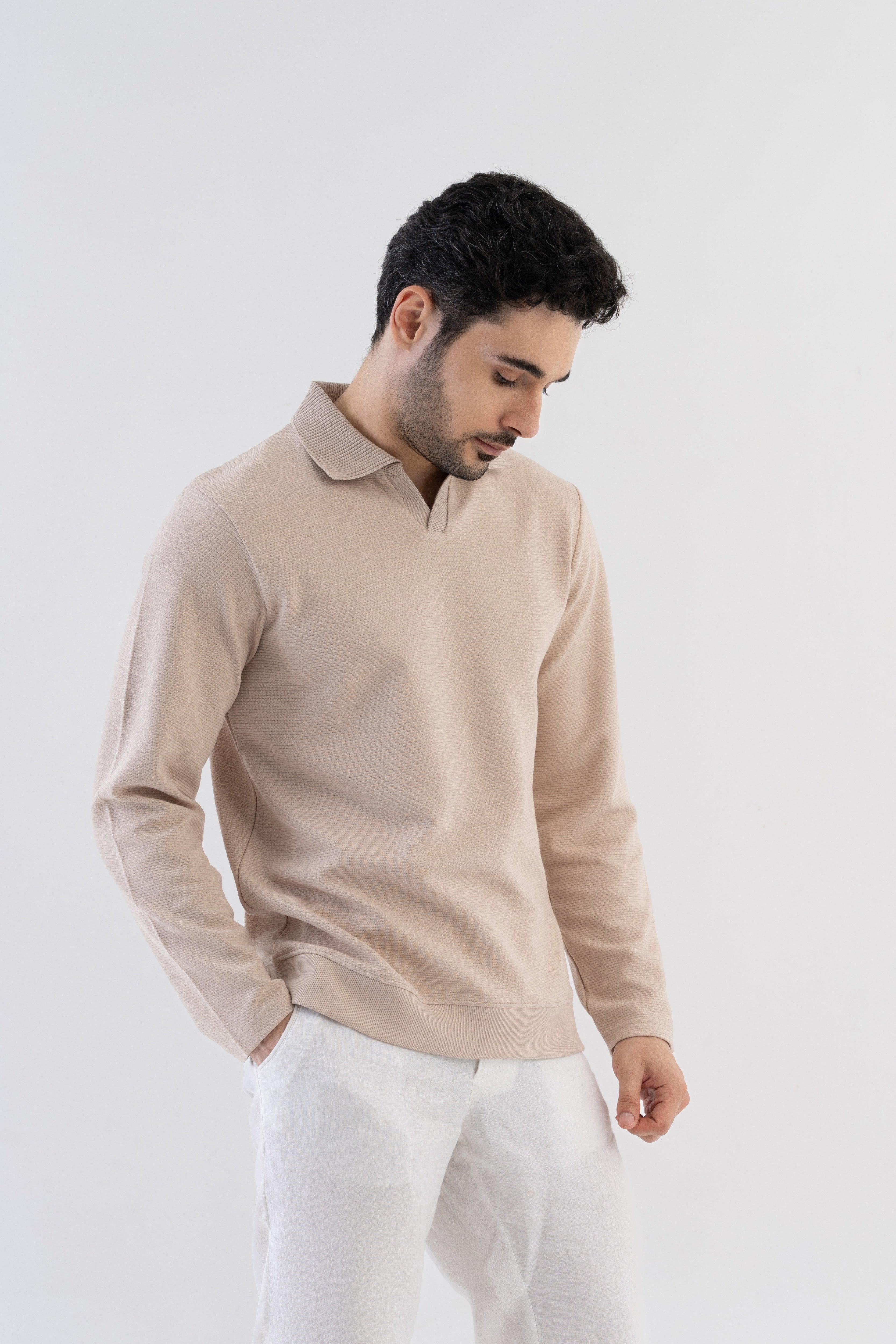 Ottoman Rib Knit Polo in Oatmeal Color