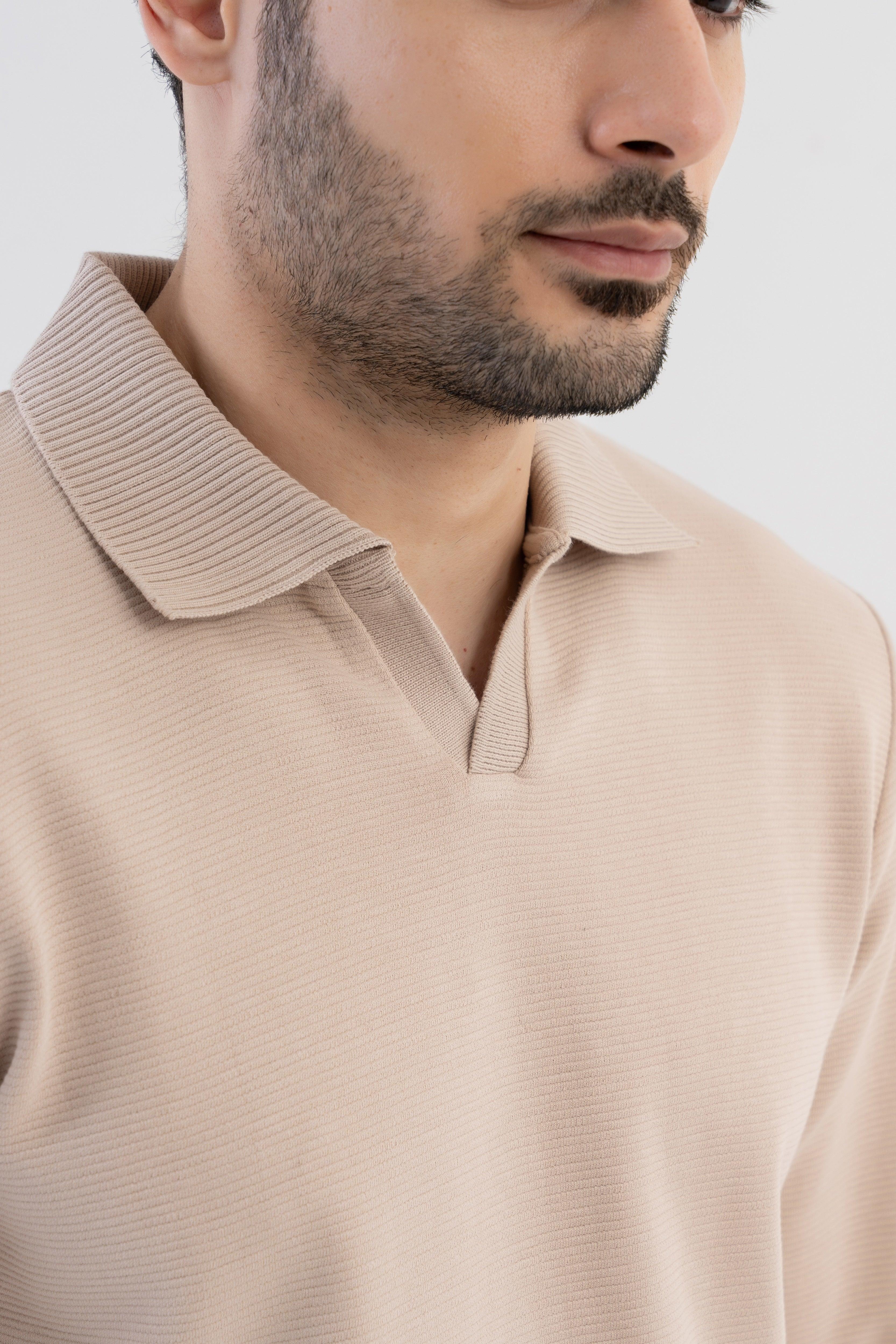 Ottoman Rib Knit Polo in Oatmeal Color