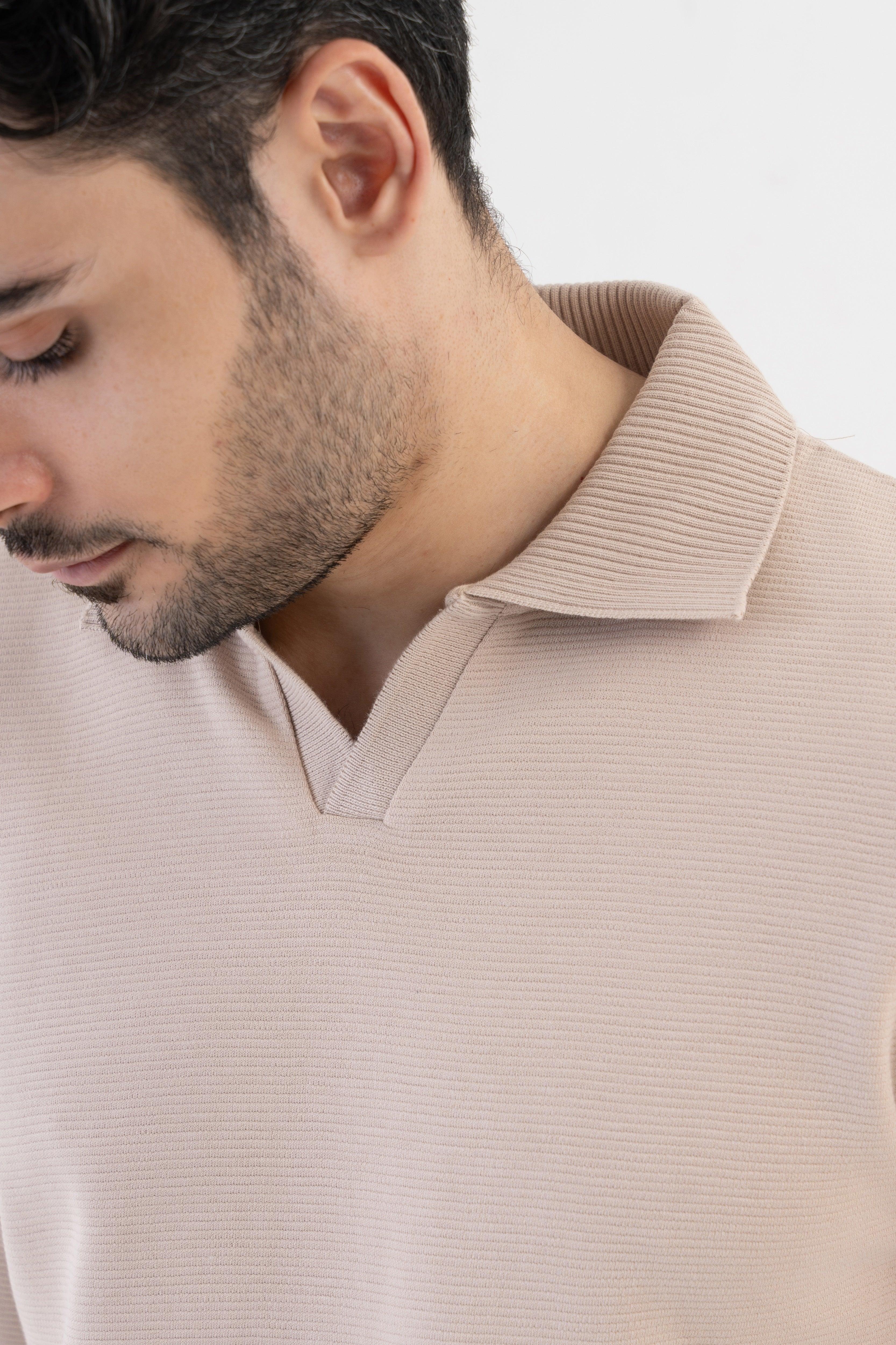 Ottoman Rib Knit Polo in Oatmeal Color