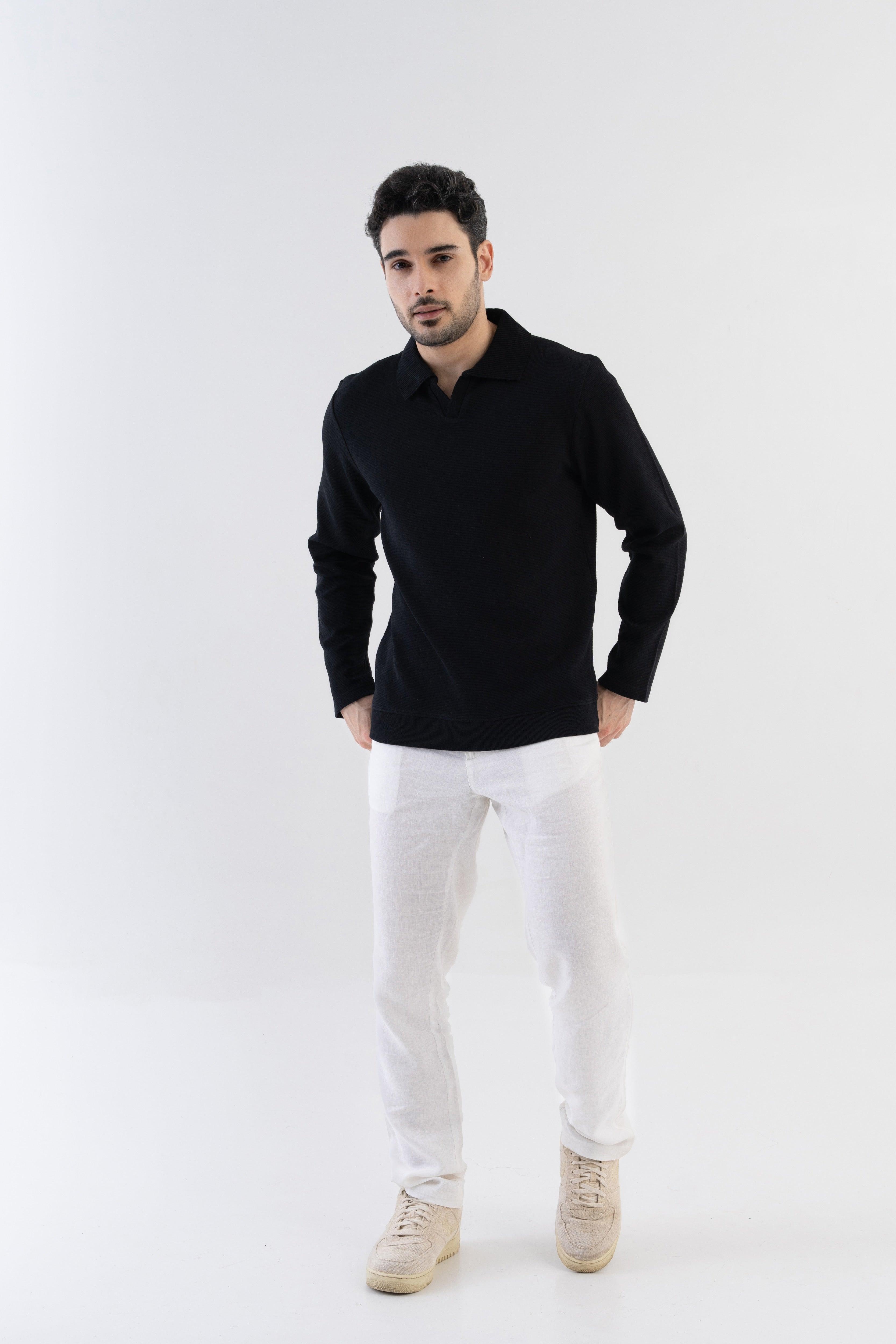 Ottoman Rib Knit Polo in Matt Black