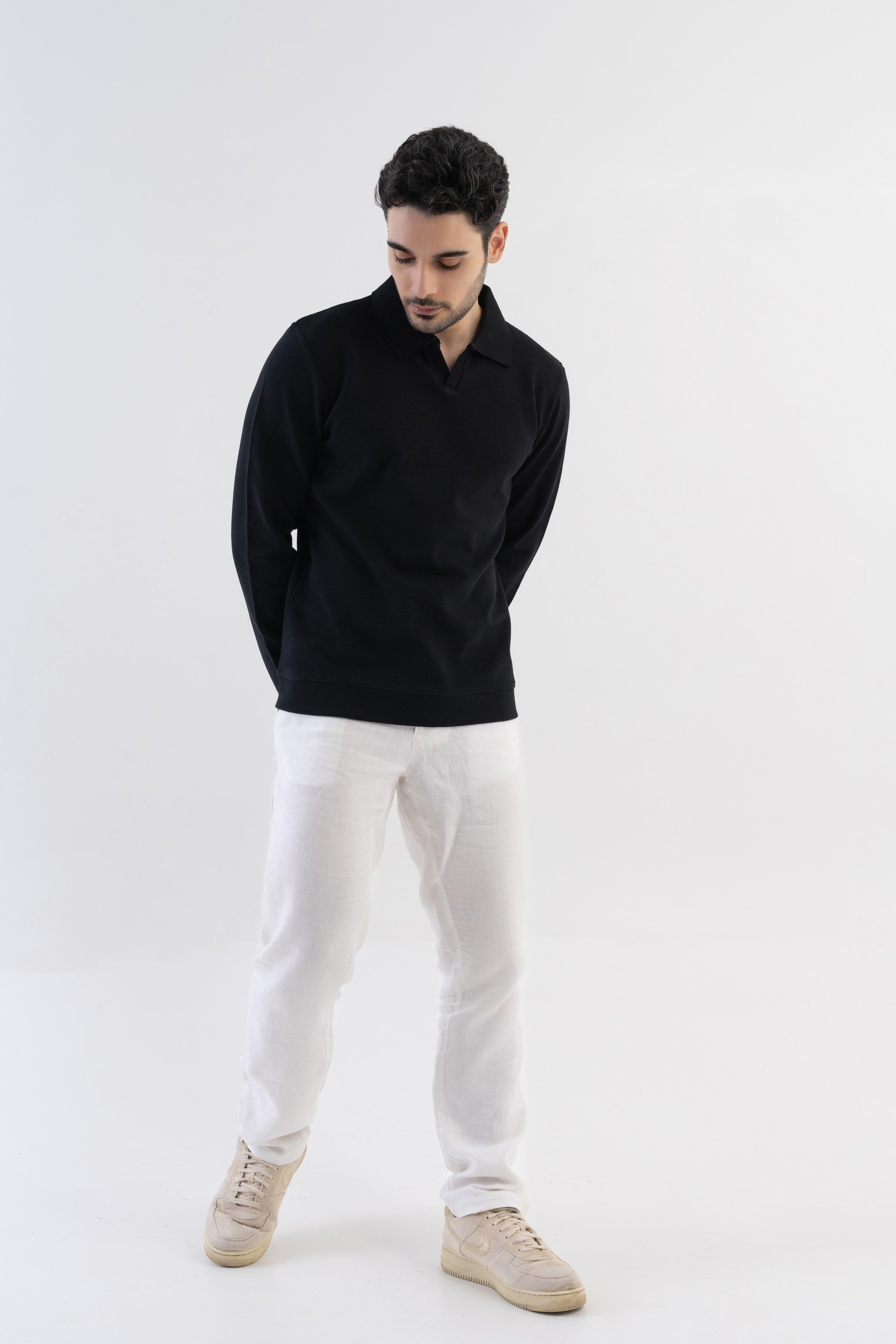 Ottoman Rib Knit Polo in Matt Black