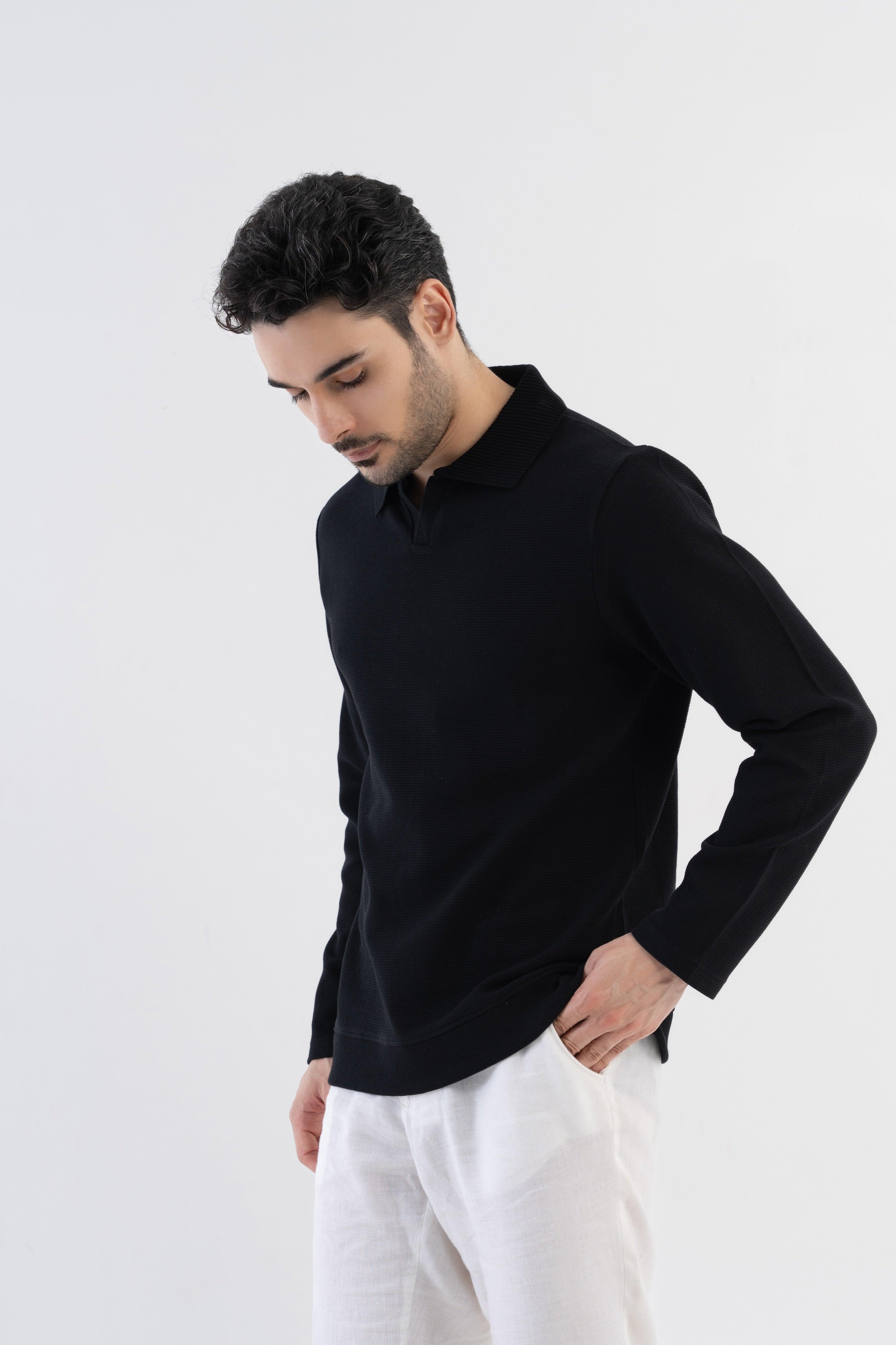 Ottoman Rib Knit Polo in Matt Black