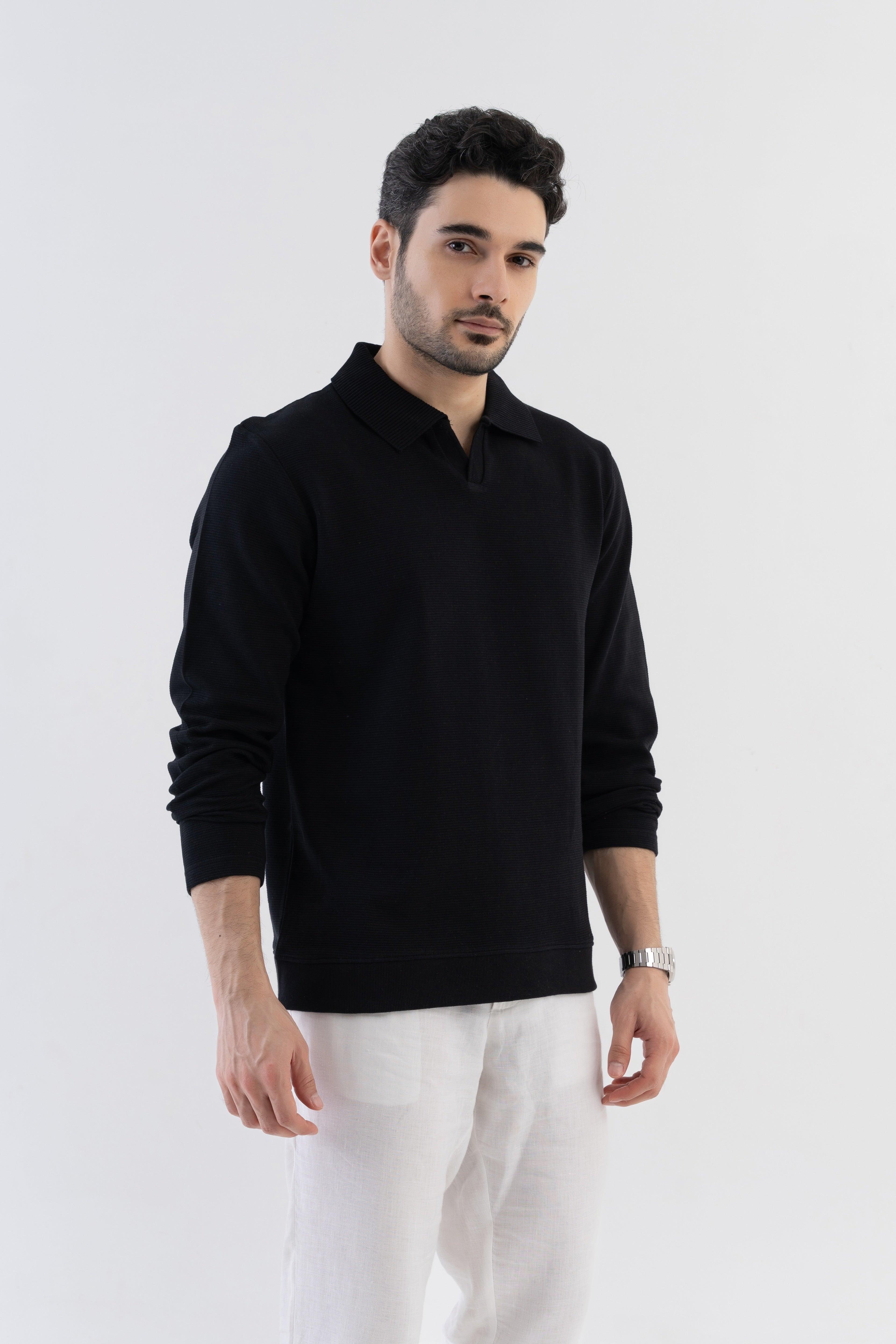 Ottoman Rib Knit Polo in Matt Black