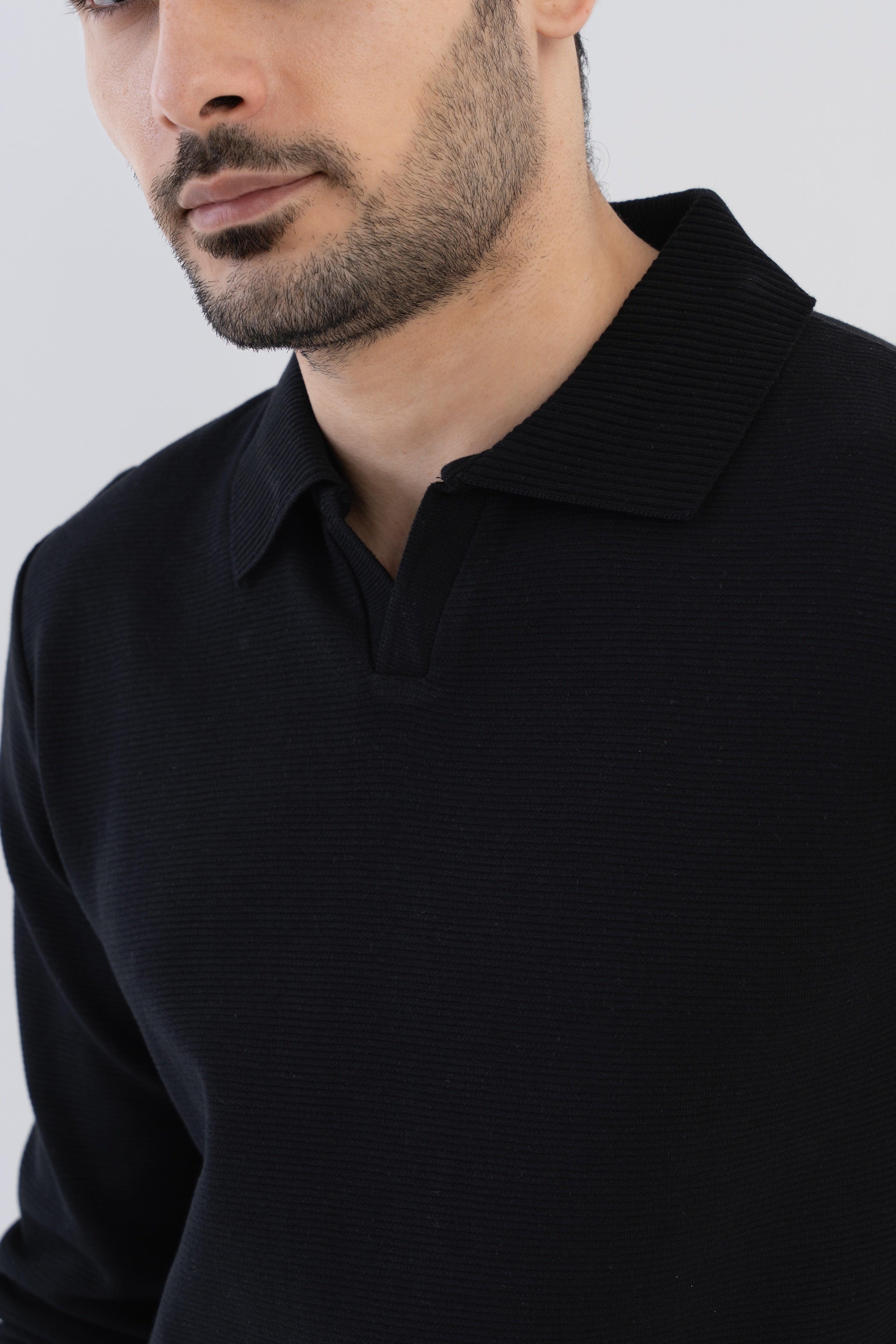 Ottoman Rib Knit Polo in Matt Black