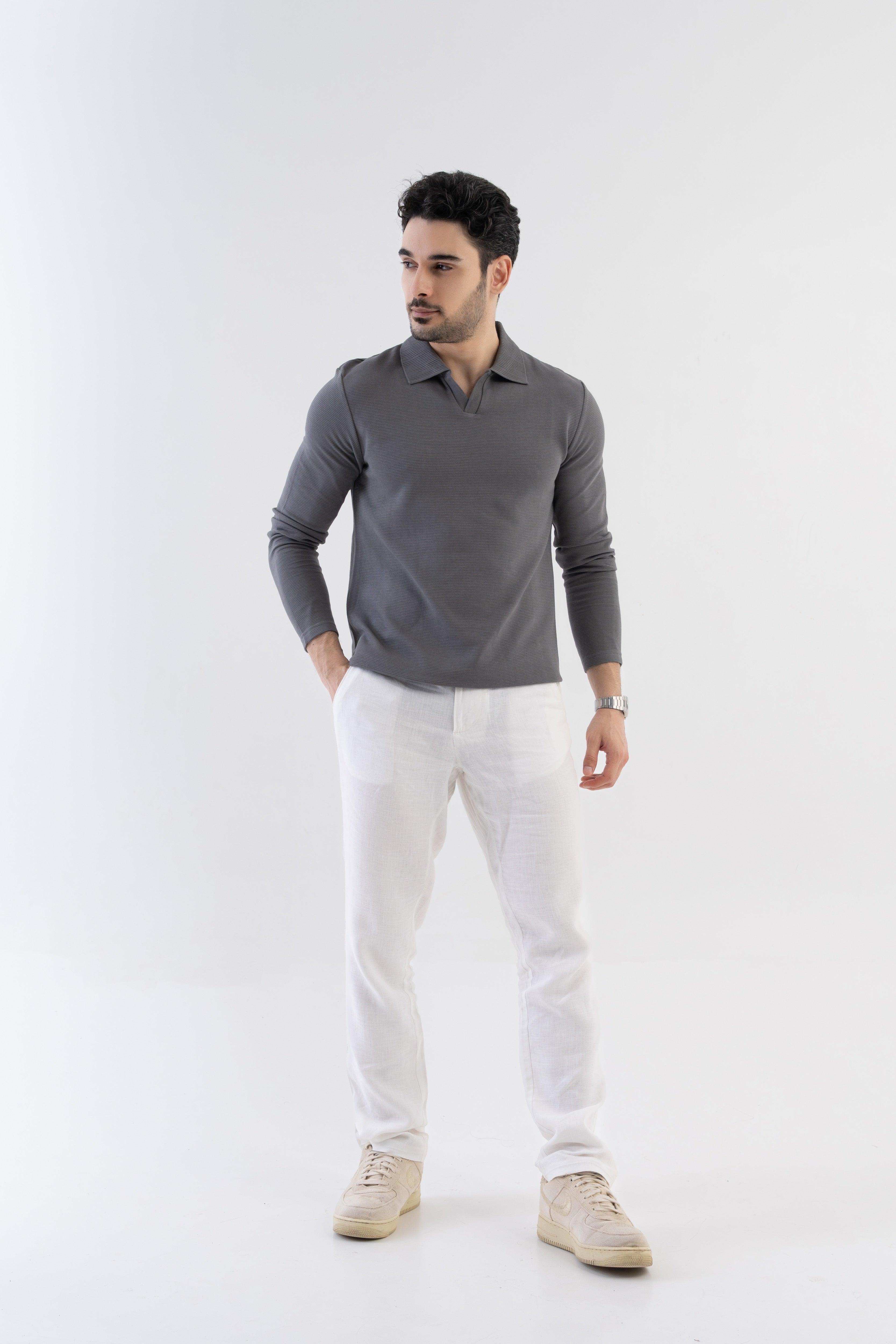 Ottoman Rib Knit Polo in Ash Grey