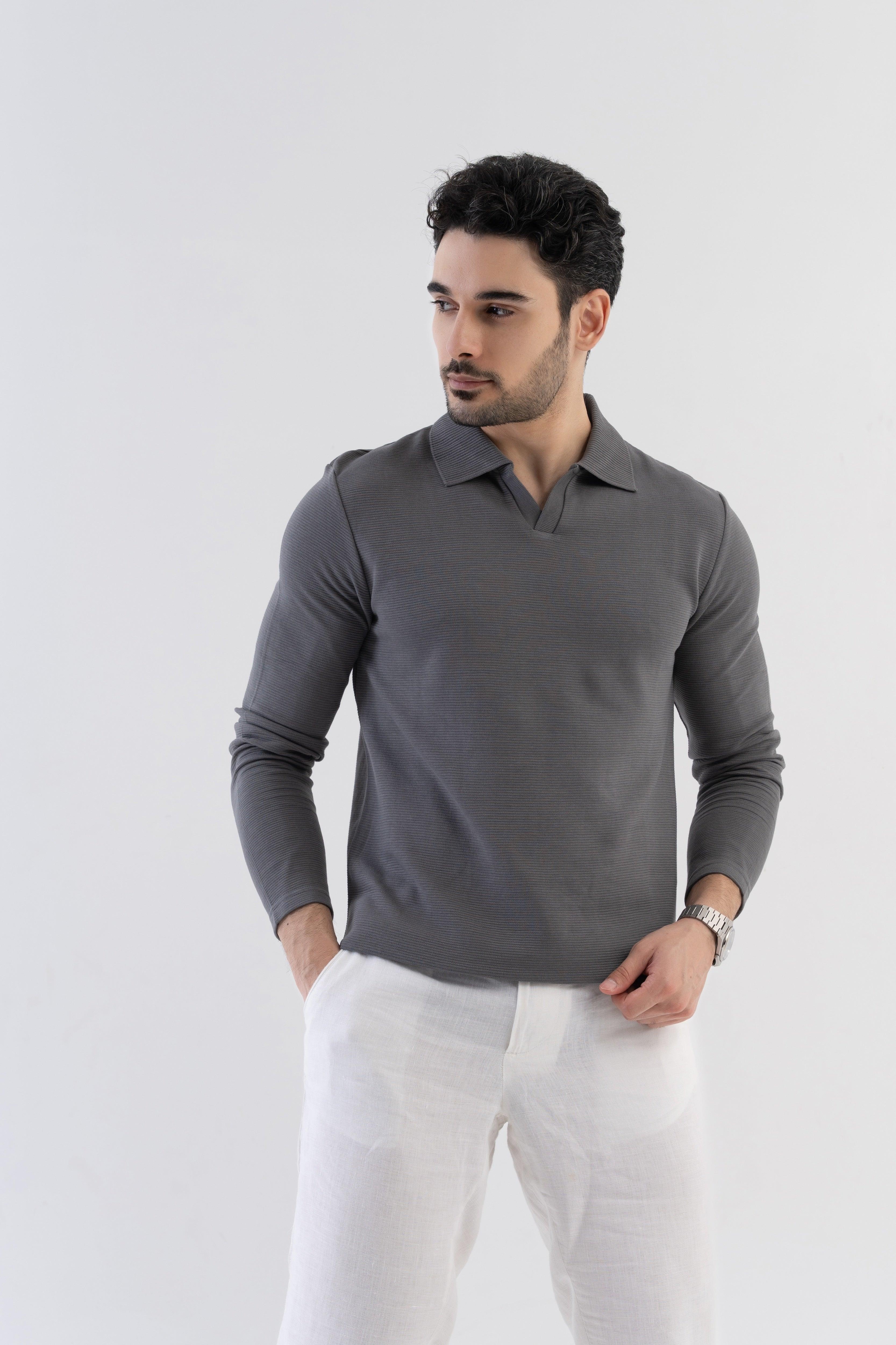 Ottoman Rib Knit Polo in Ash Grey