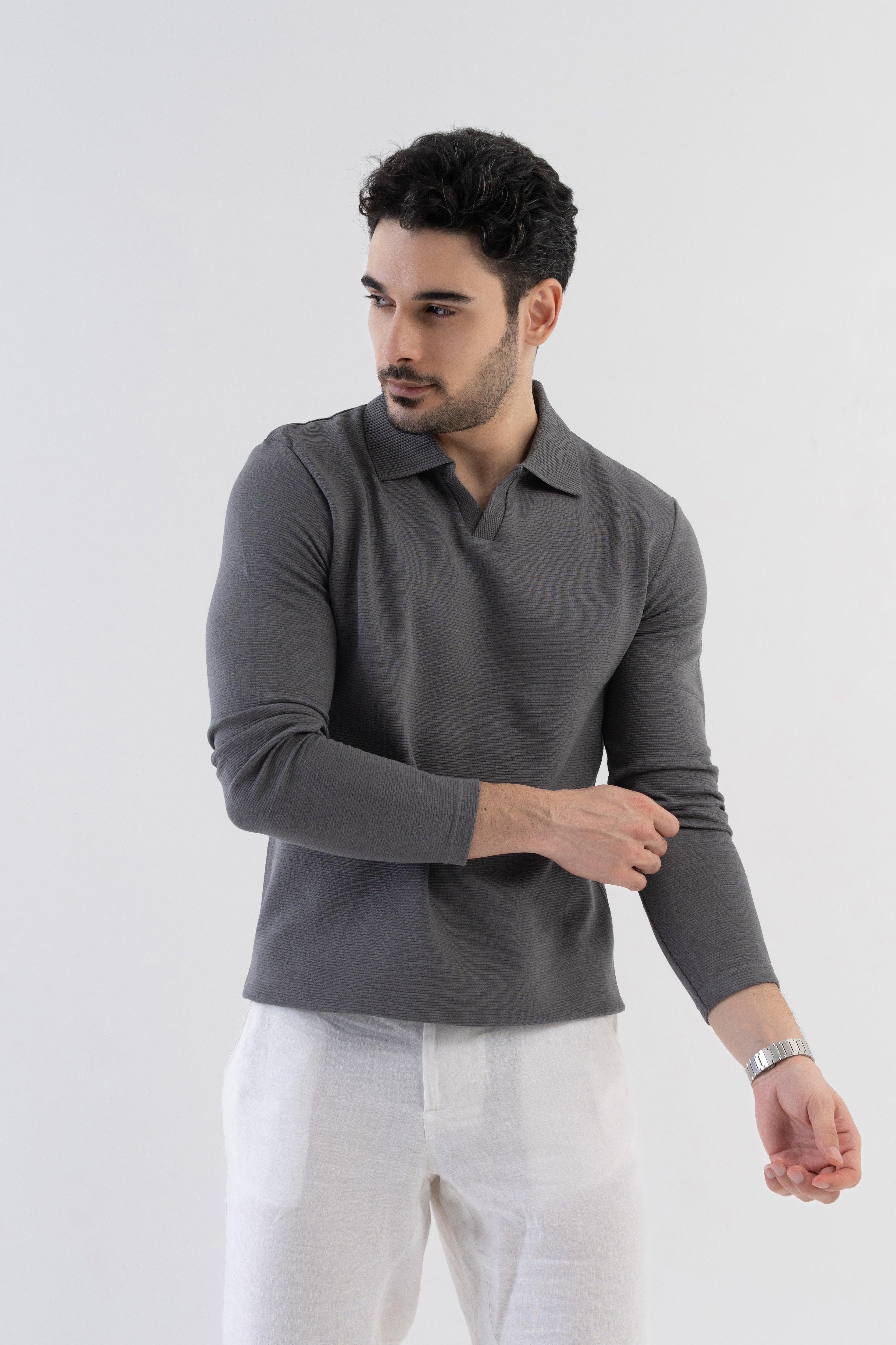 Ottoman Rib Knit Polo in Ash Grey