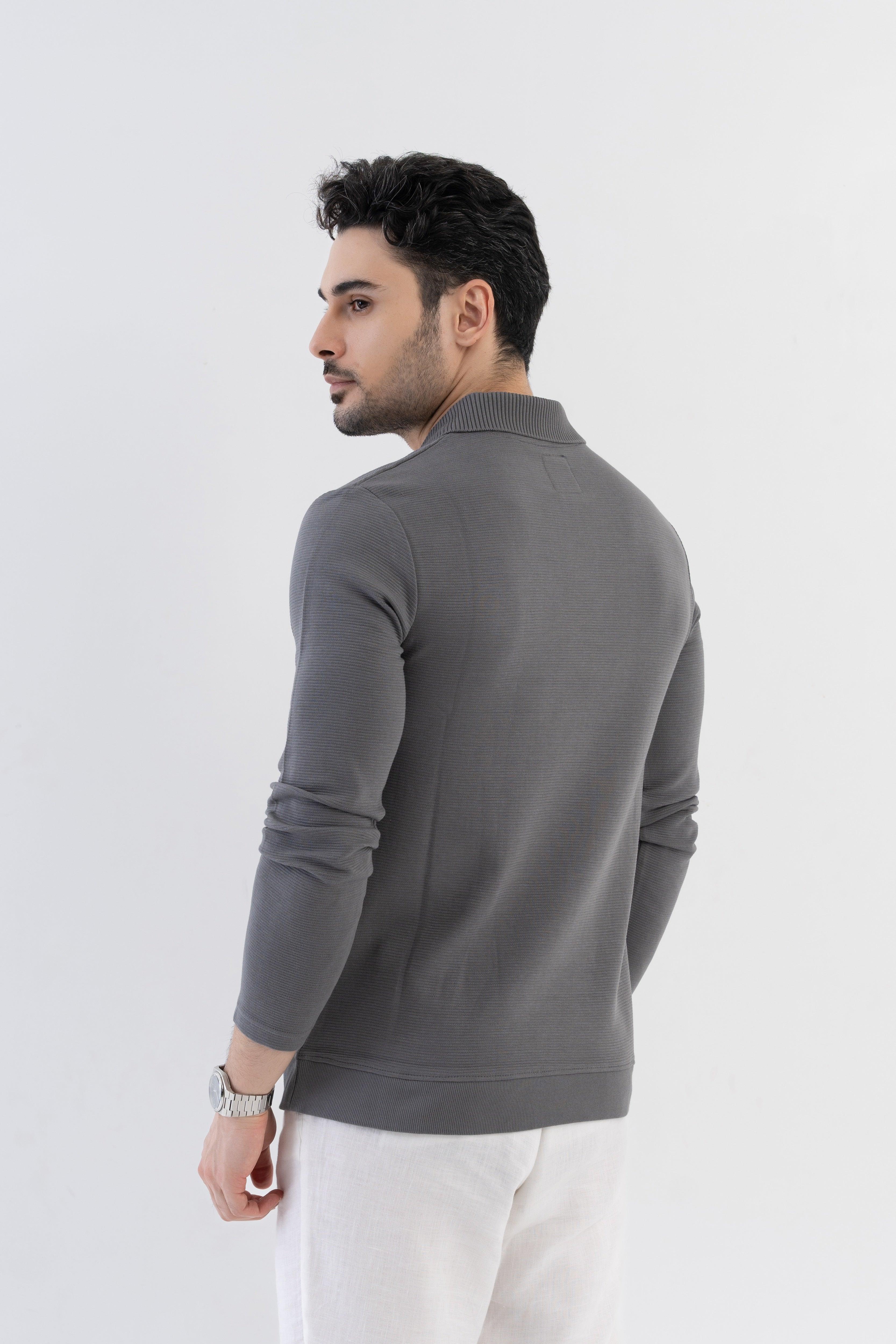 Ottoman Rib Knit Polo in Ash Grey