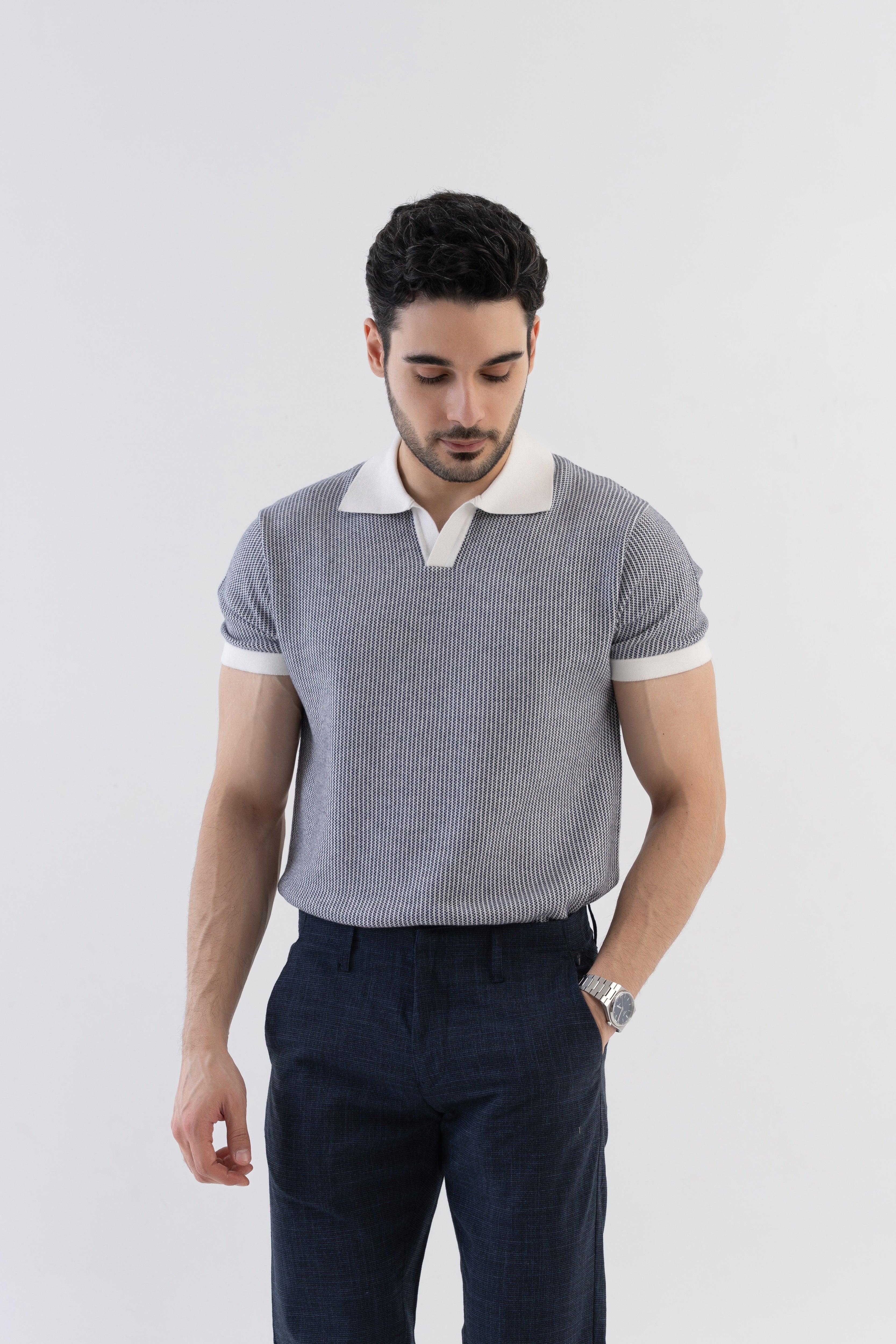 Jacquard Johnny-Collar Knit Polo in Navy X White