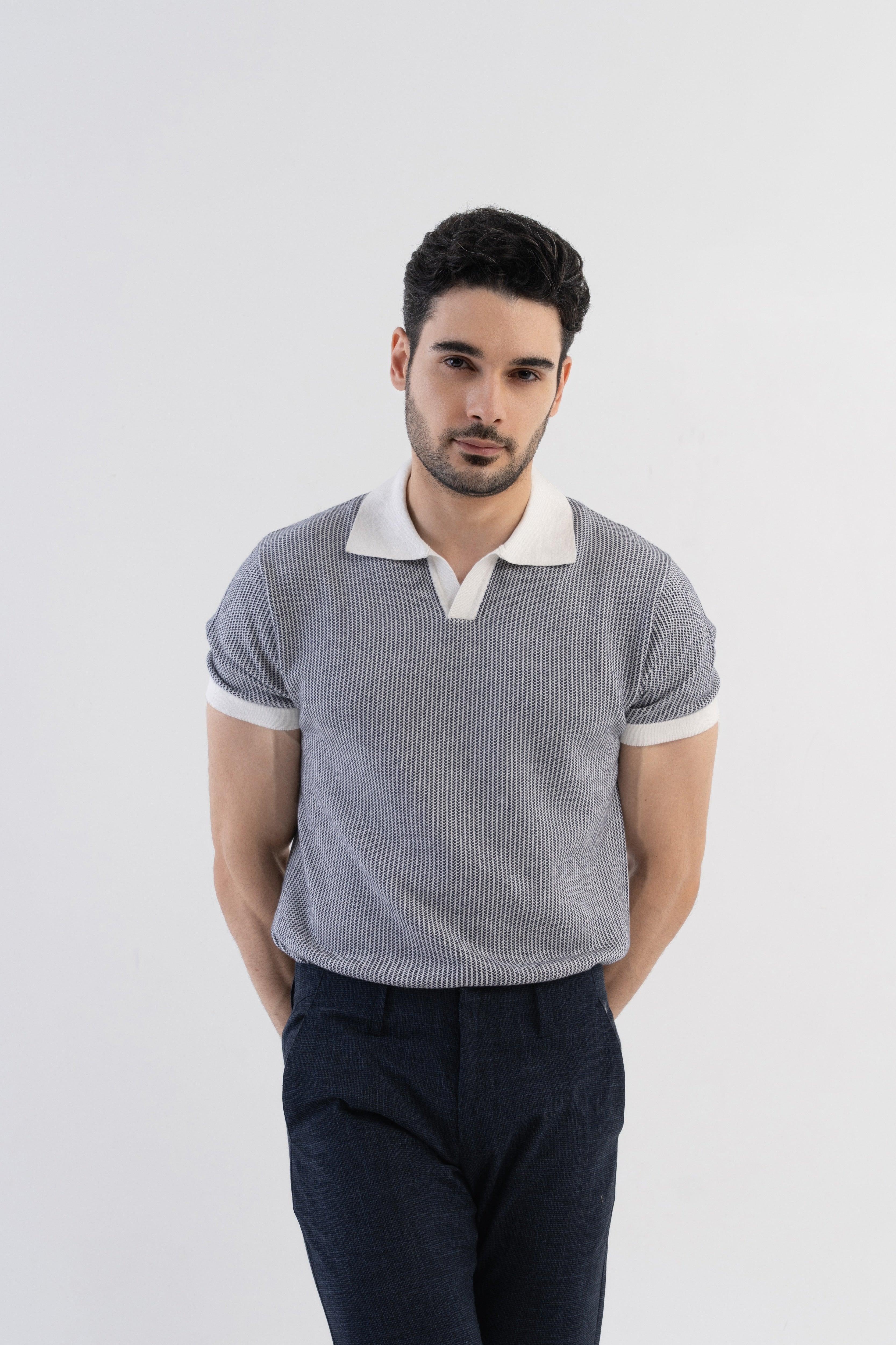 Jacquard Johnny-Collar Knit Polo in Navy X White