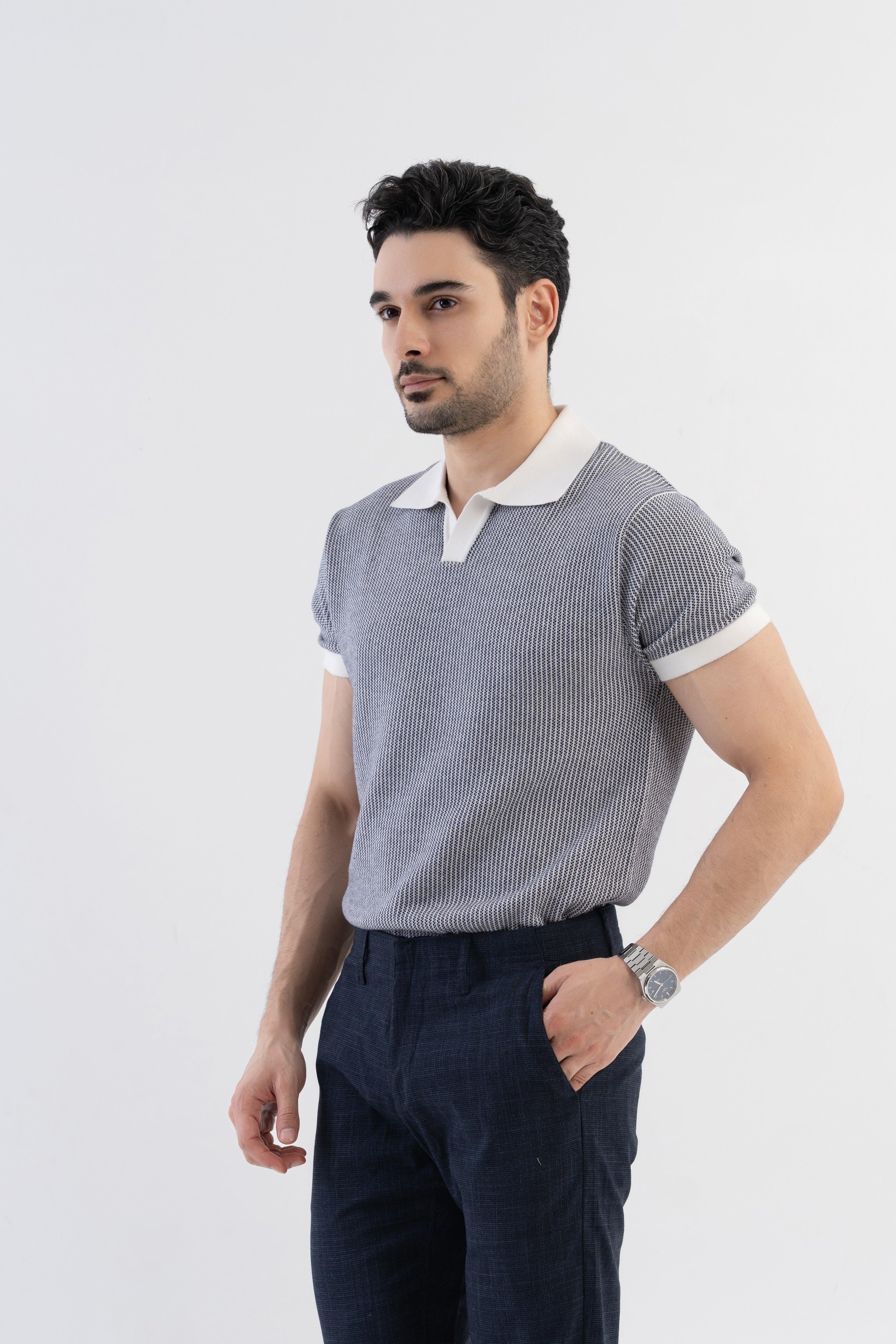 Jacquard Johnny-Collar Knit Polo in Navy X White