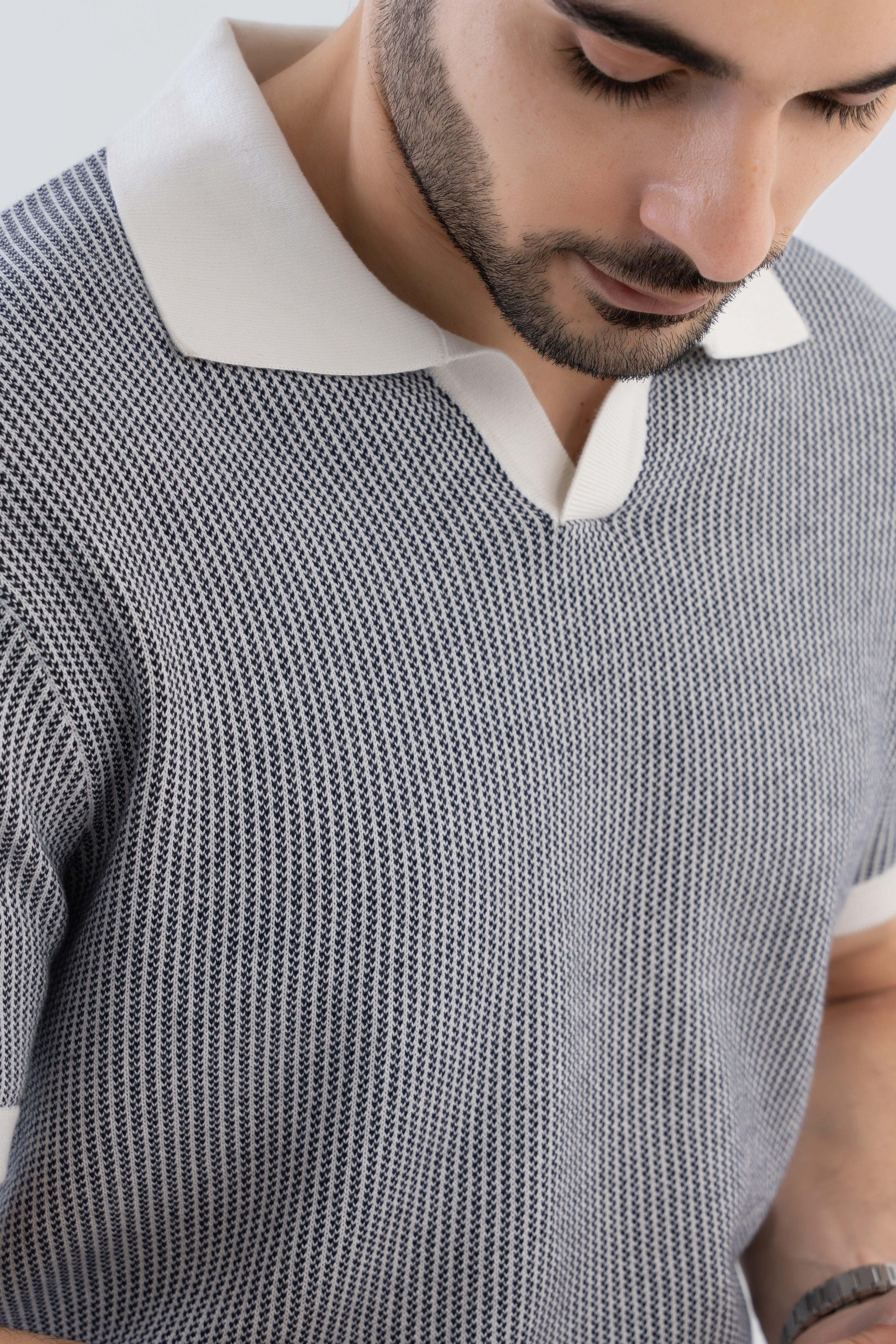 Jacquard Johnny-Collar Knit Polo in Navy X White